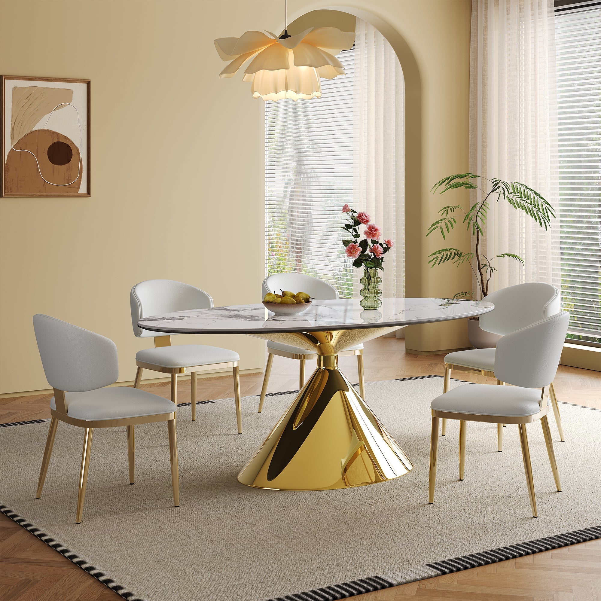 Modern White Sintered Stone Dining Table with Gold Stainless Steel Base