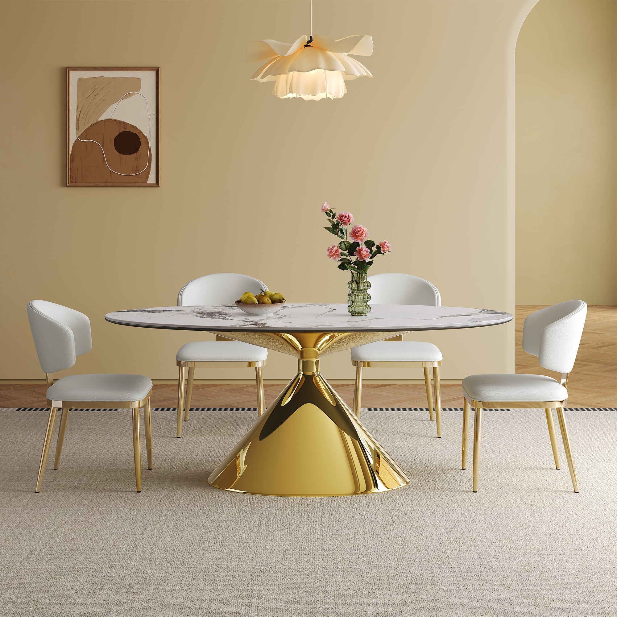 Modern White Sintered Stone Dining Table with Gold Stainless Steel Base