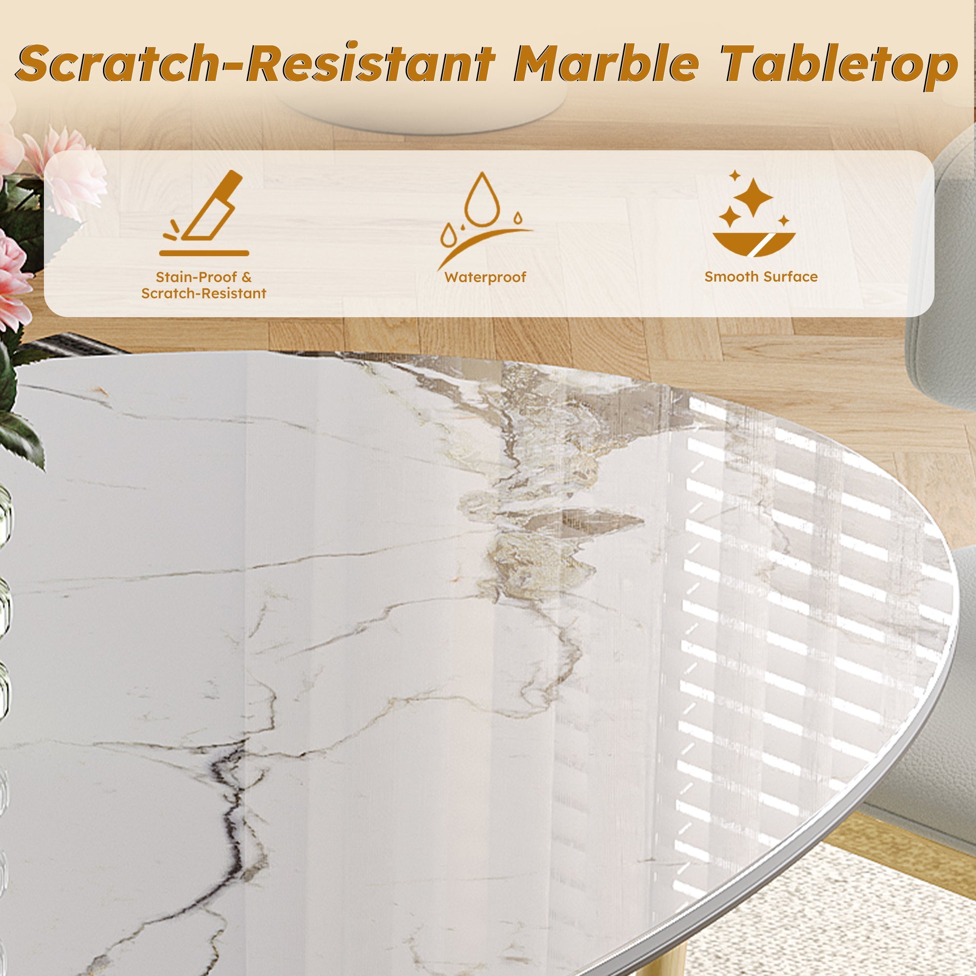 Modern White Sintered Stone Dining Table with Gold Stainless Steel Base