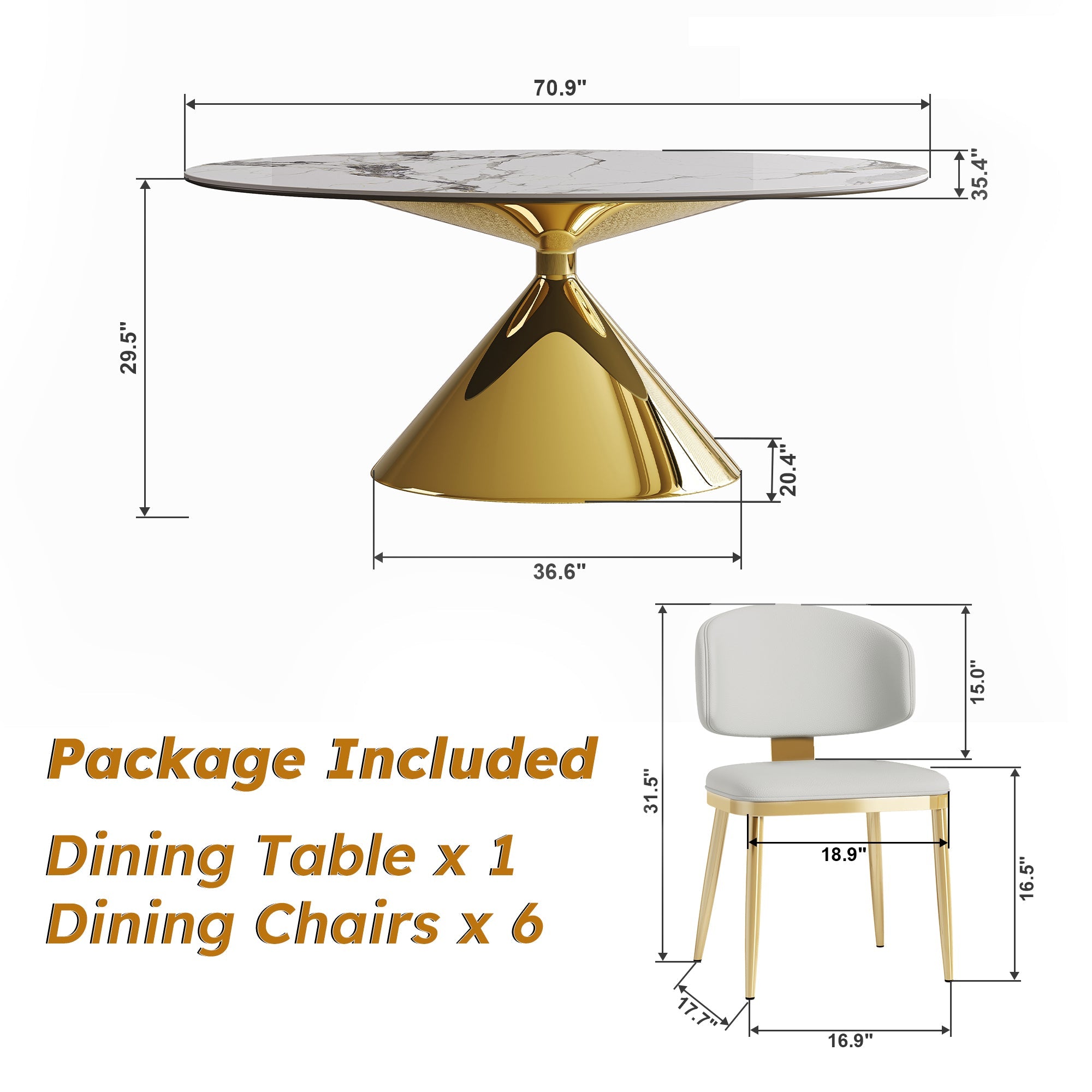 Modern White Sintered Stone Dining Table with Gold Stainless Steel Base