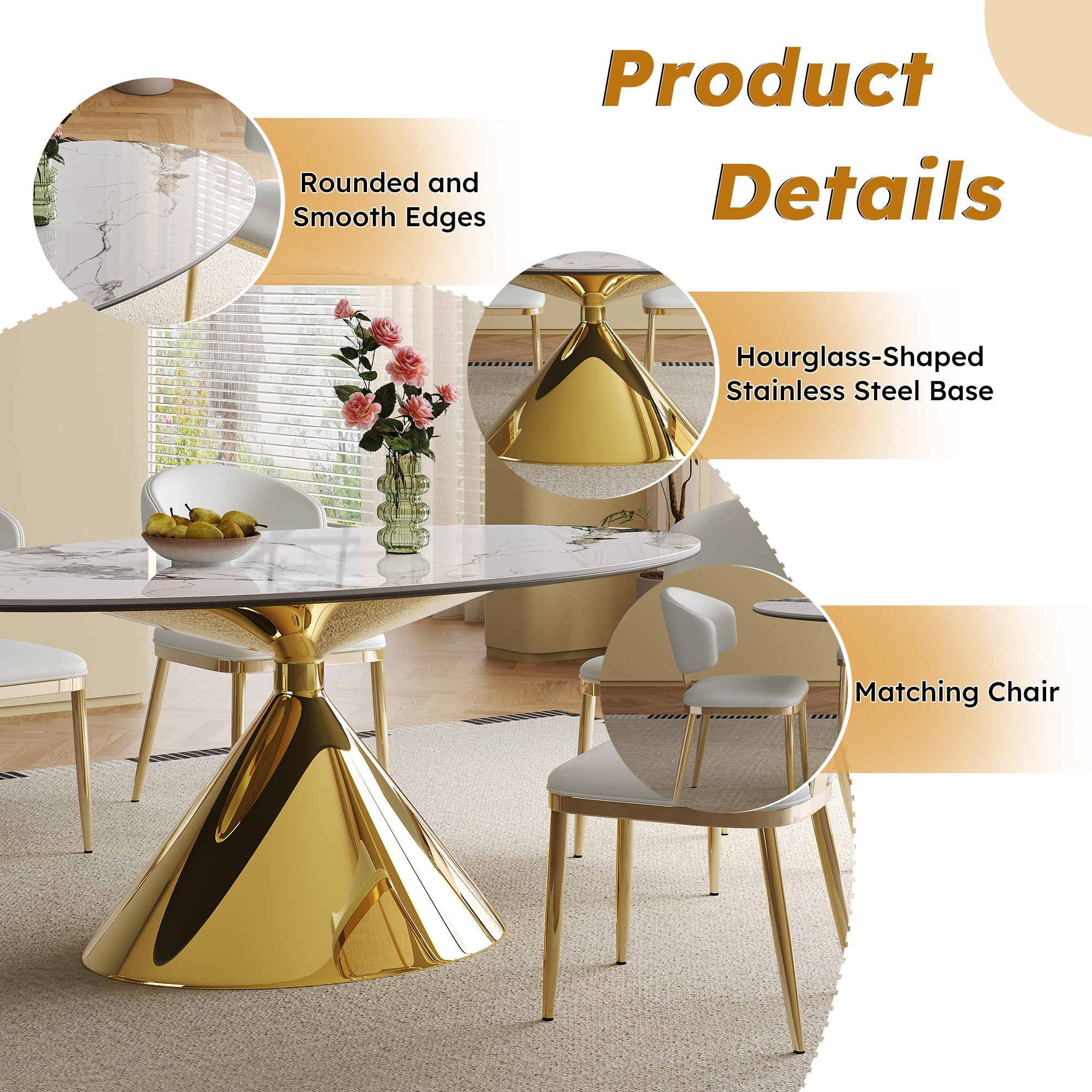 Modern White Sintered Stone Dining Table with Gold Stainless Steel Base