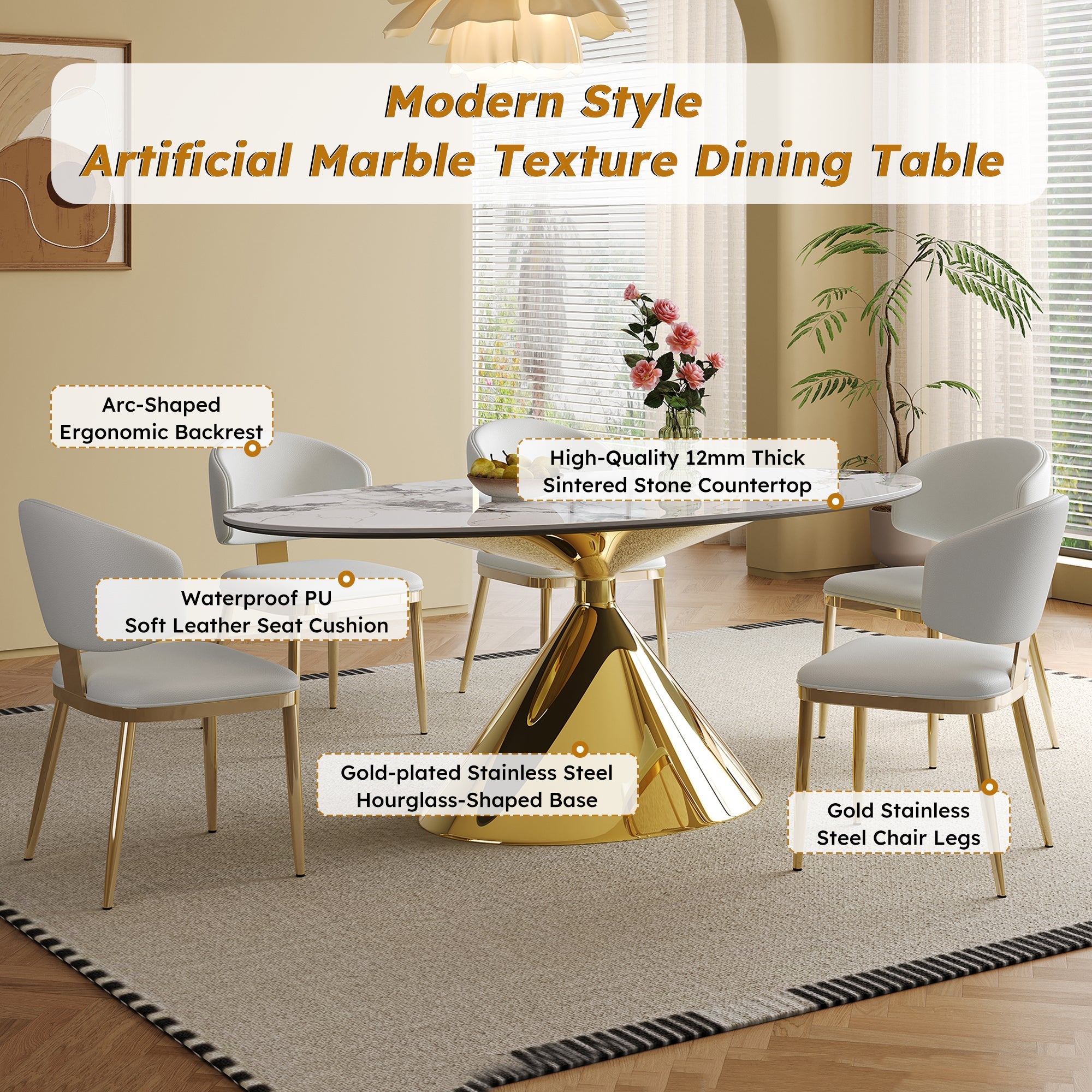 Modern White Sintered Stone Dining Table with Gold Stainless Steel Base