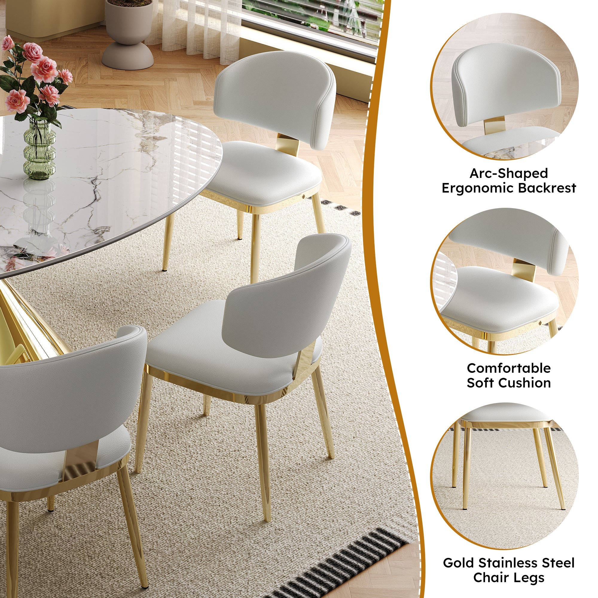 Modern White Sintered Stone Dining Table with Gold Stainless Steel Base