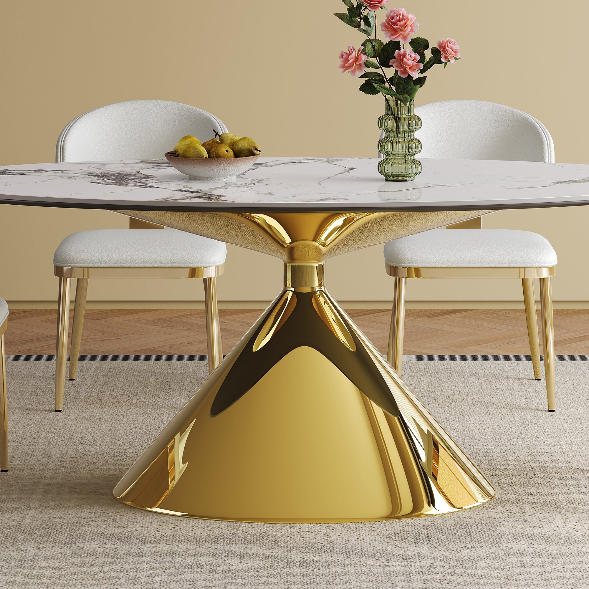 Modern White Sintered Stone Dining Table with Gold Stainless Steel Base
