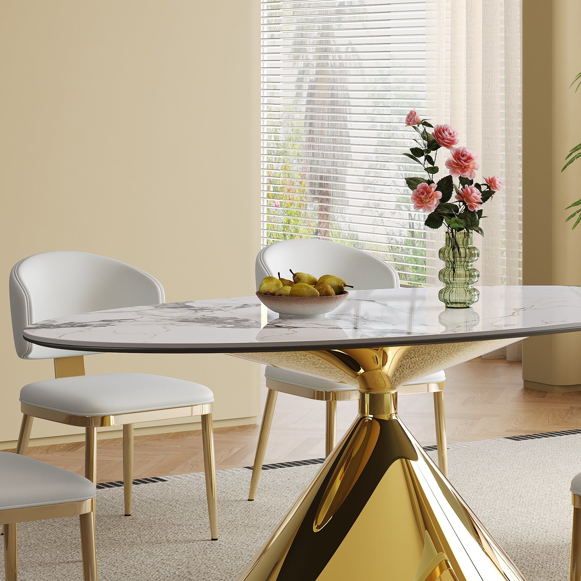 Modern White Sintered Stone Dining Table with Gold Stainless Steel Base
