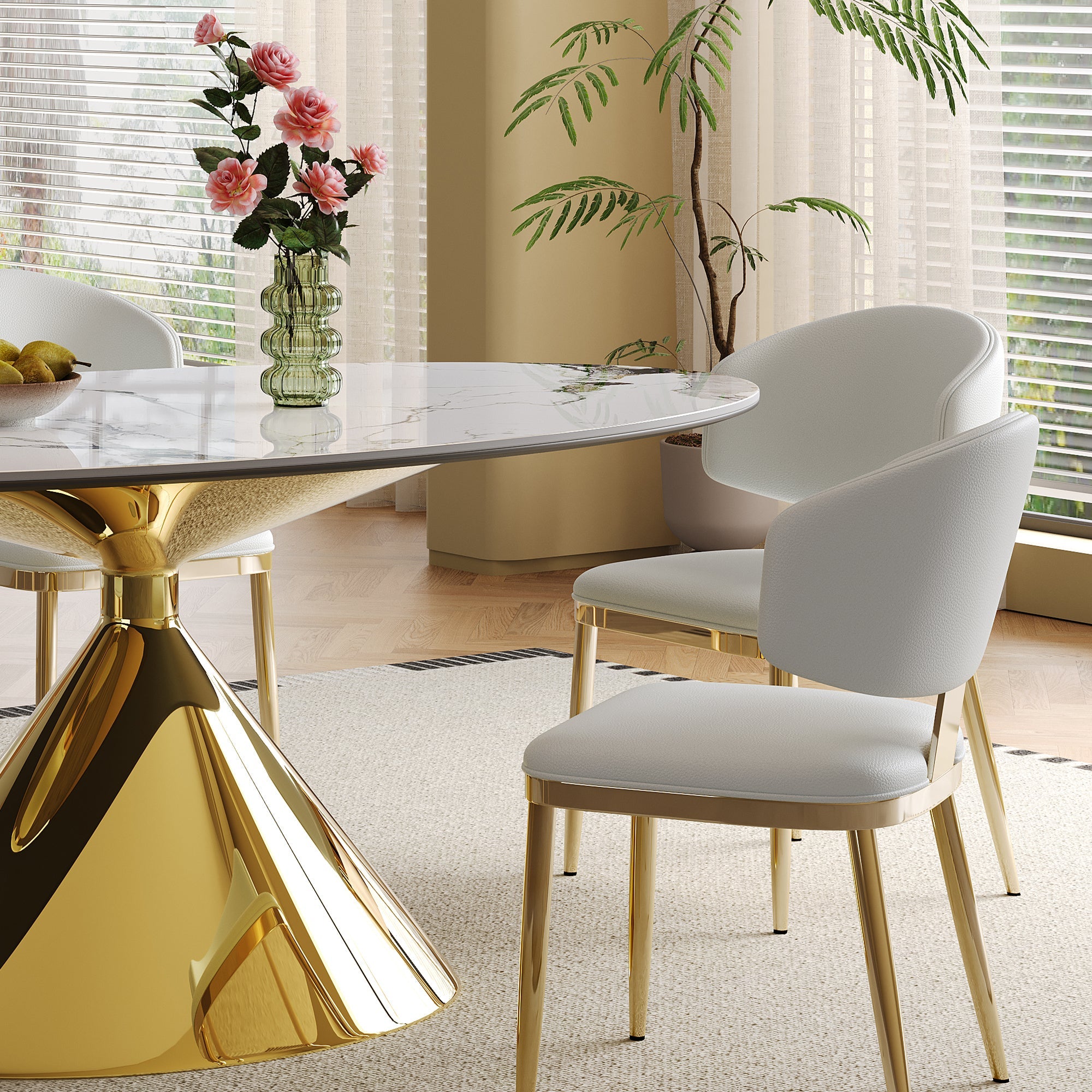 Modern White Sintered Stone Dining Table with Gold Stainless Steel Base