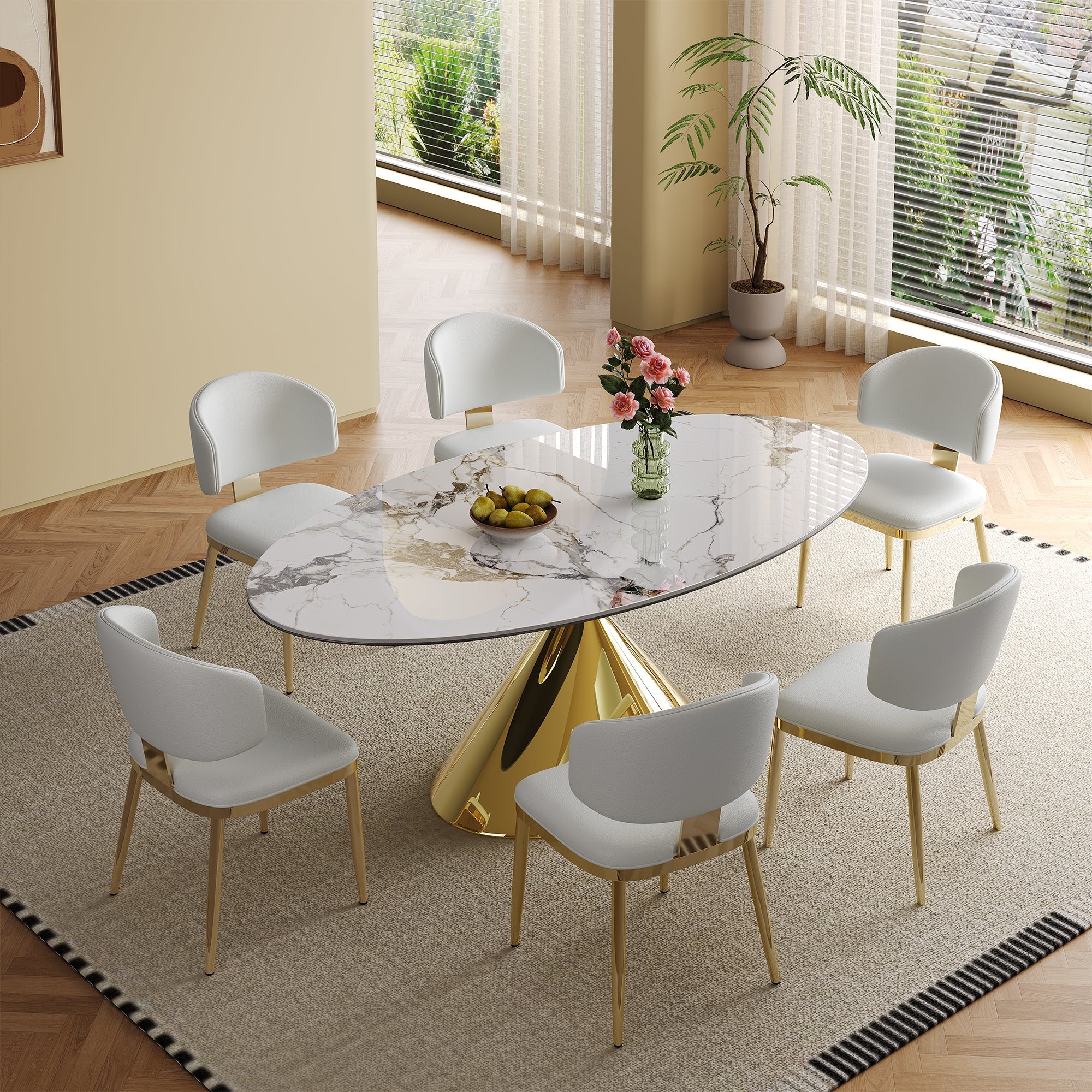 Modern White Sintered Stone Dining Table with Gold Stainless Steel Base
