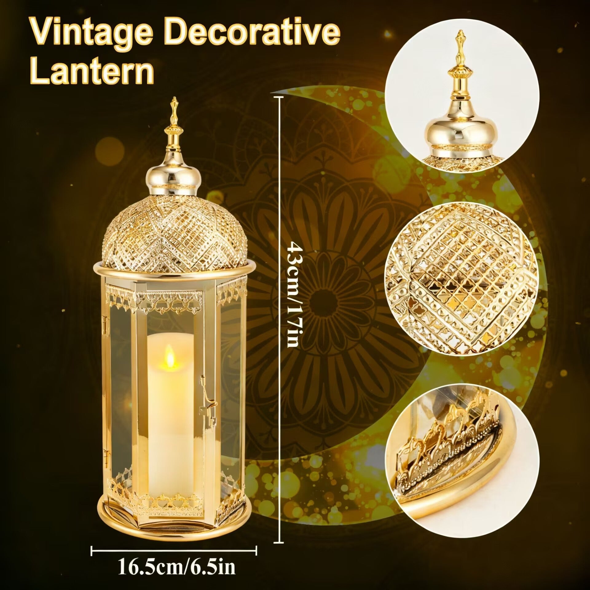 Moroccan Candle Lantern 37cm High Gold Candle Holder with Tempered Glass （40pcs）