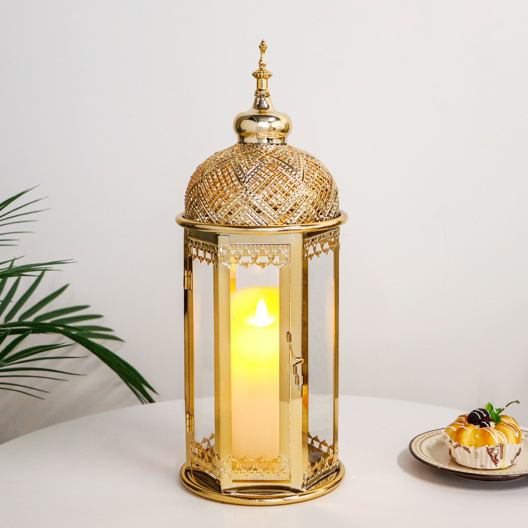 Moroccan Candle Lantern 37cm High Gold Candle Holder with Tempered Glass （40pcs）