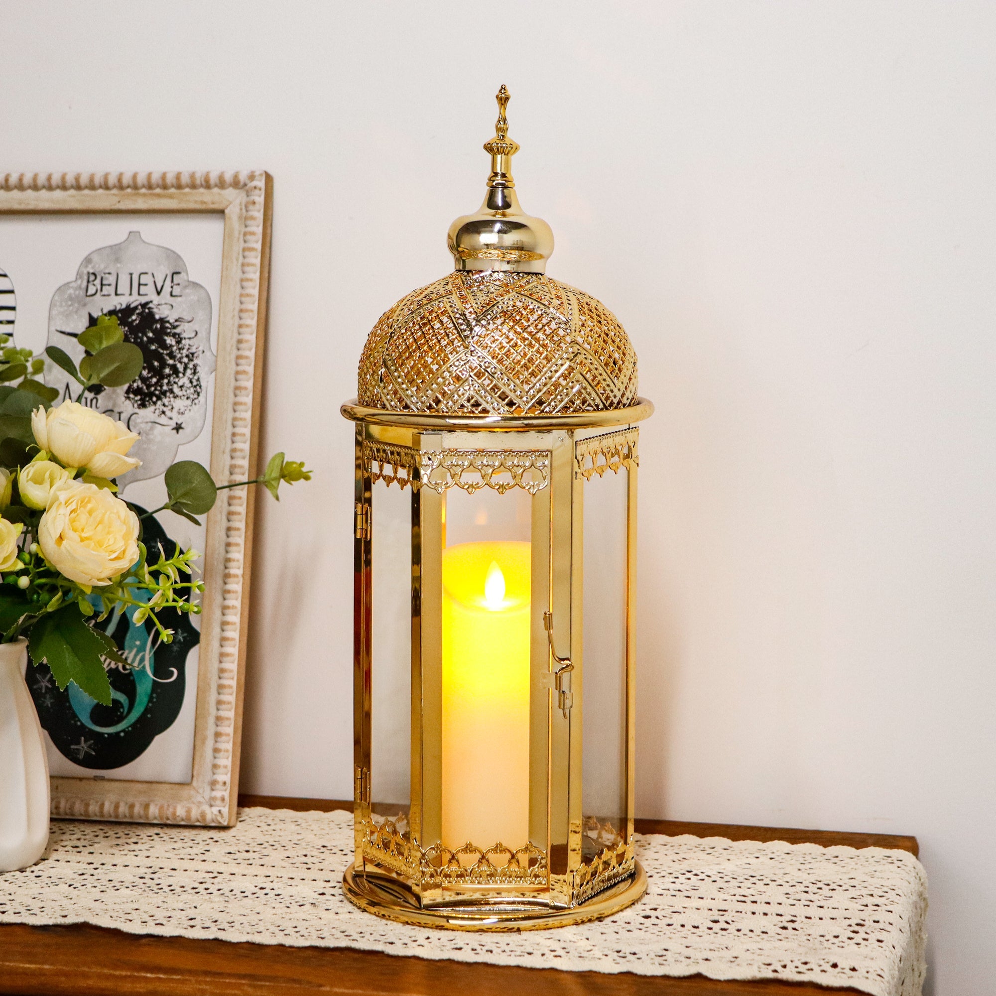 Moroccan Candle Lantern 37cm High Gold Candle Holder with Tempered Glass （40pcs）