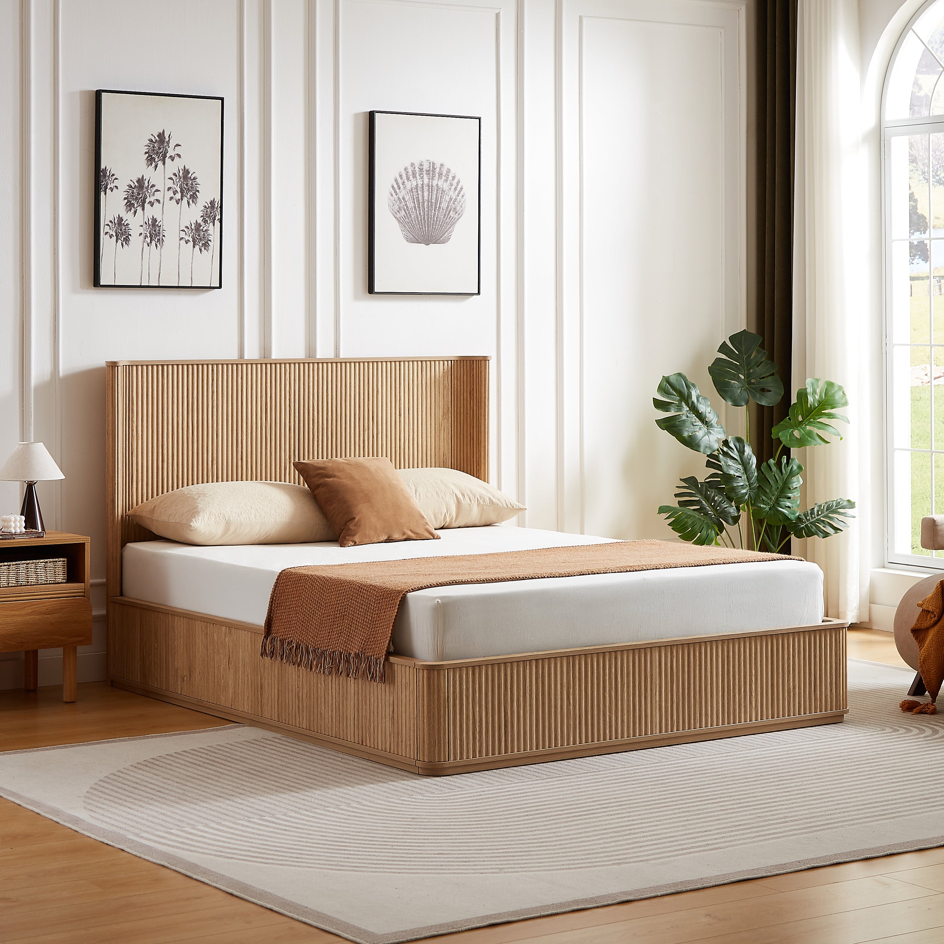 Oak Fluted Platform Bed Frame – Queen Size with Curved Headboard