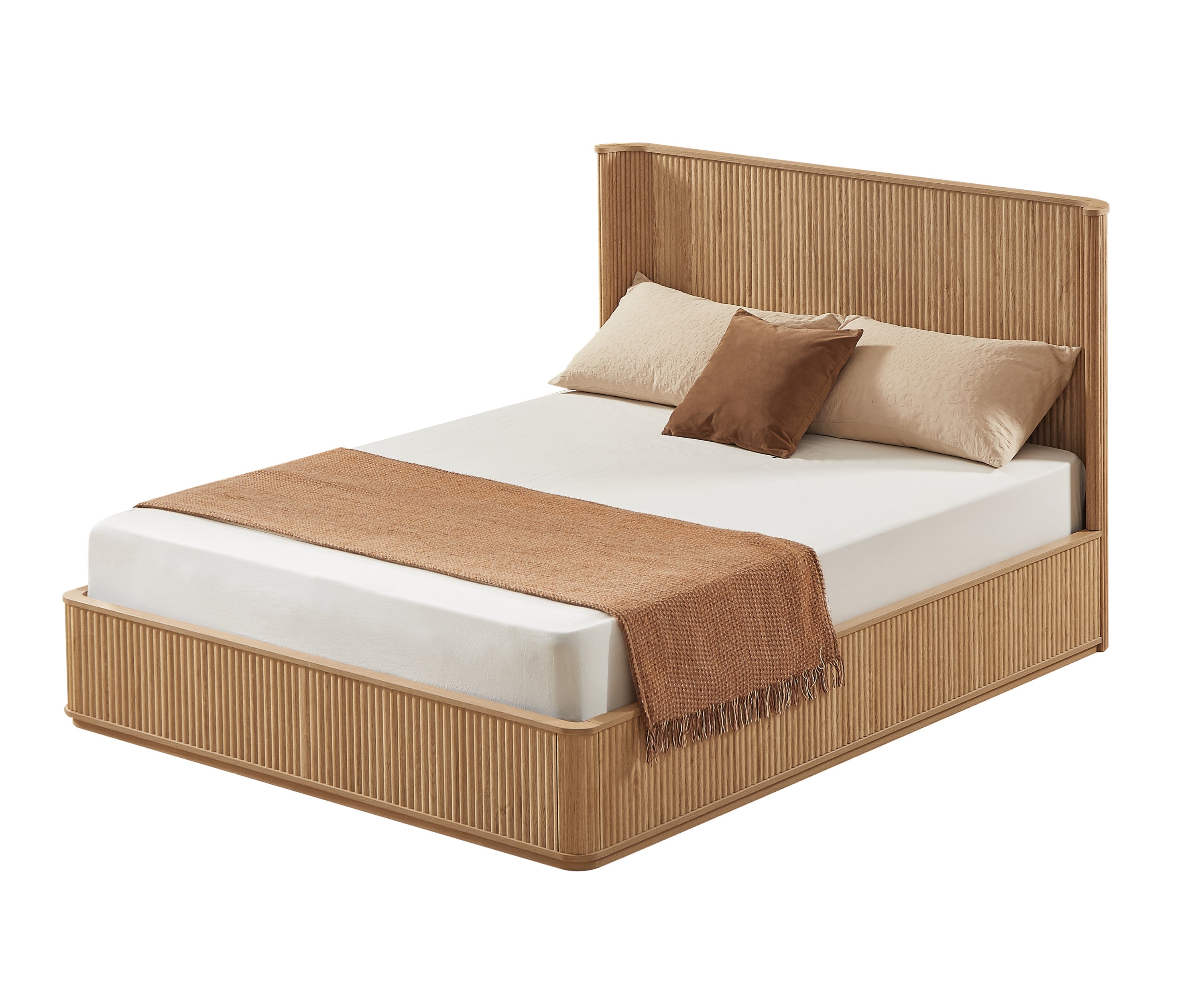 Oak Fluted Platform Bed Frame – Queen Size with Curved Headboard