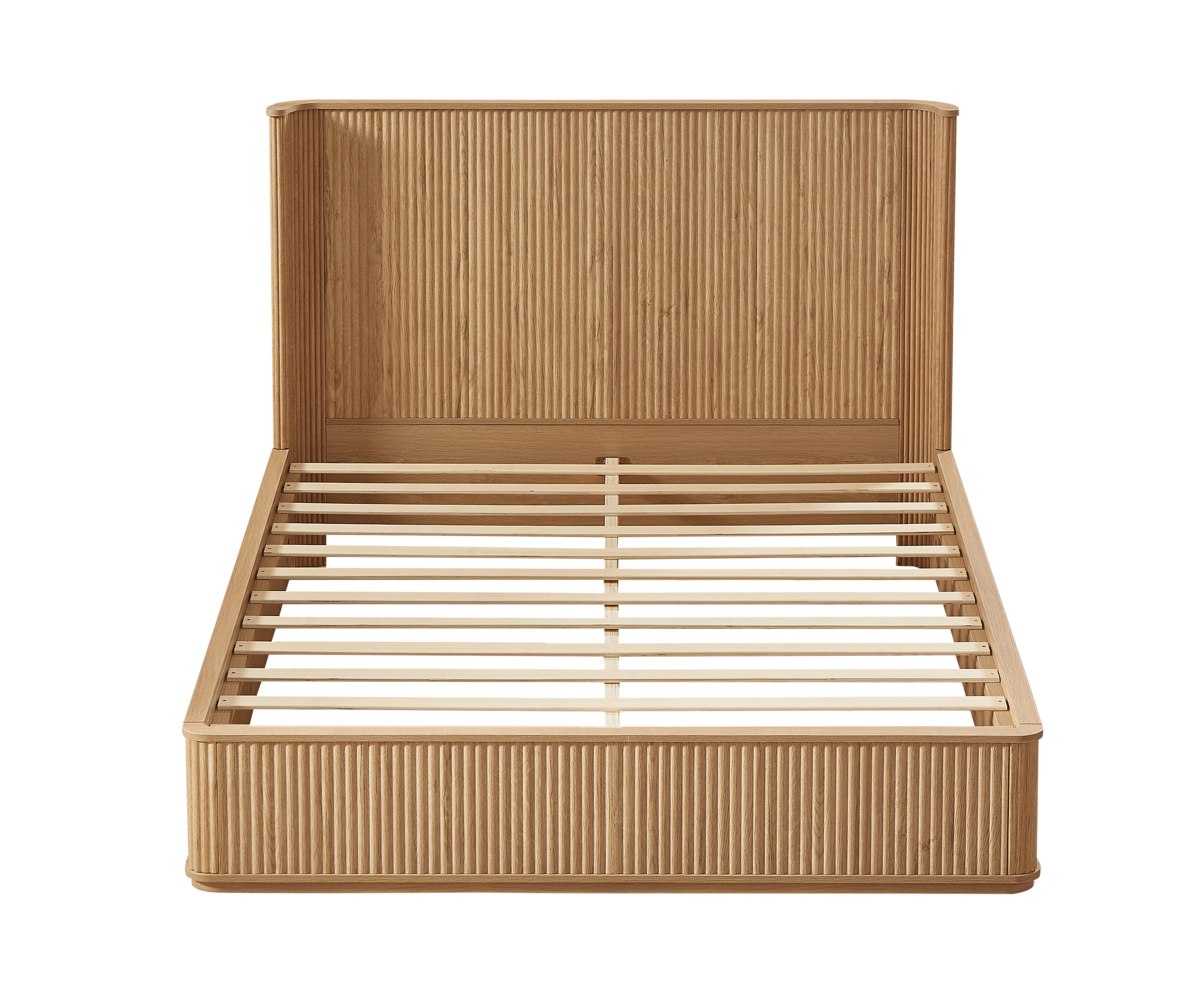 Oak Fluted Platform Bed Frame – Queen Size with Curved Headboard