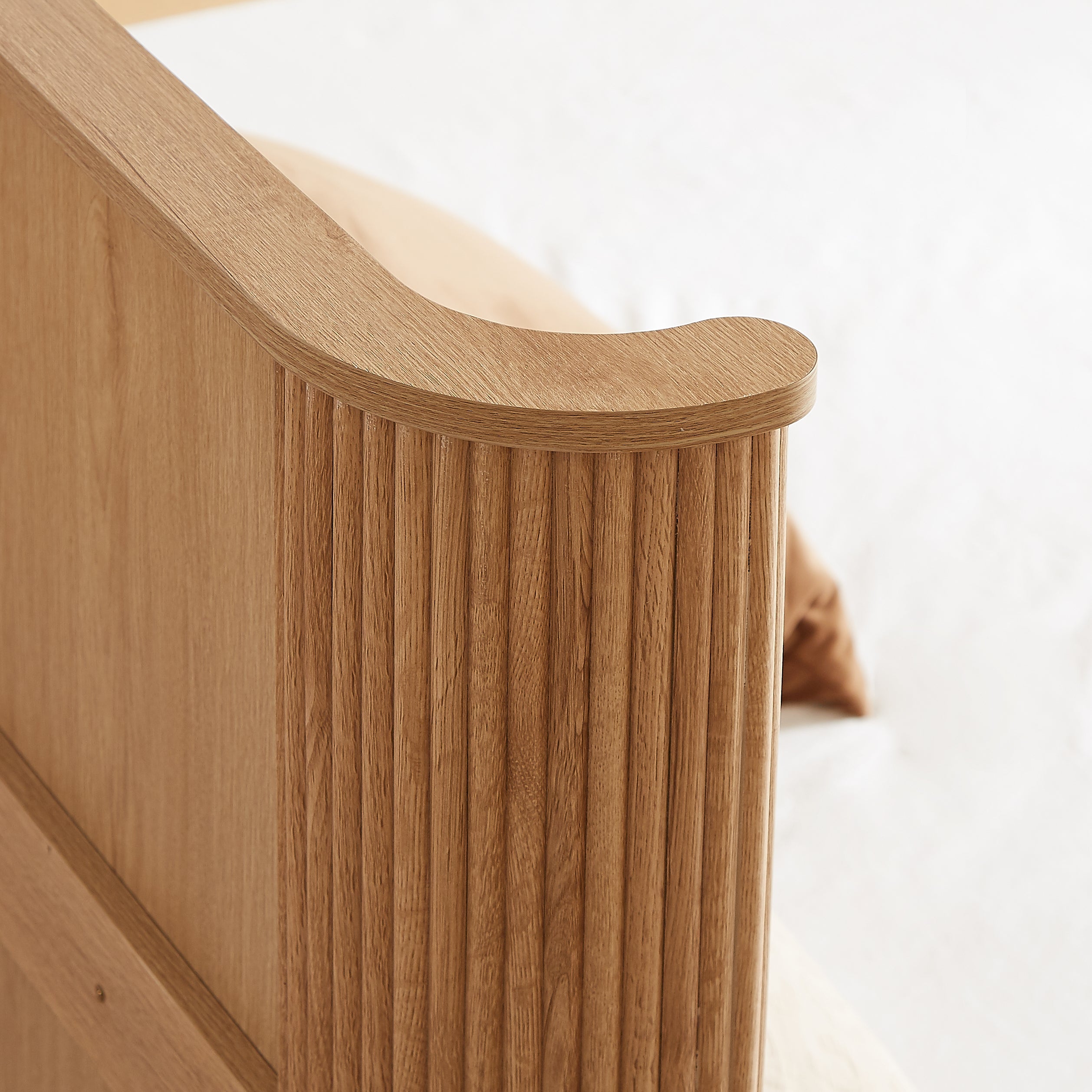 Oak Fluted Platform Bed Frame – Queen Size with Curved Headboard