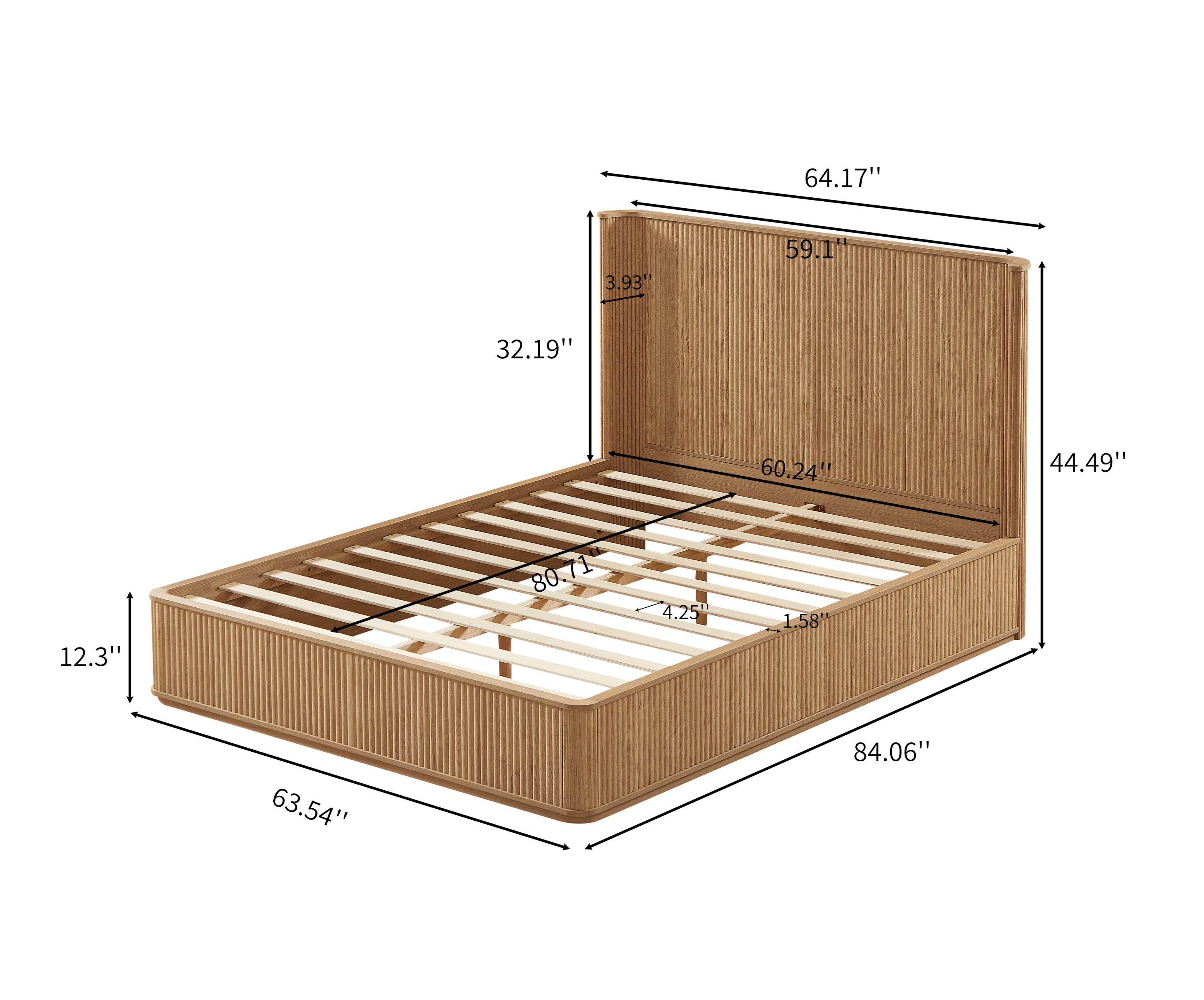 Oak Fluted Platform Bed Frame – Queen Size with Curved Headboard