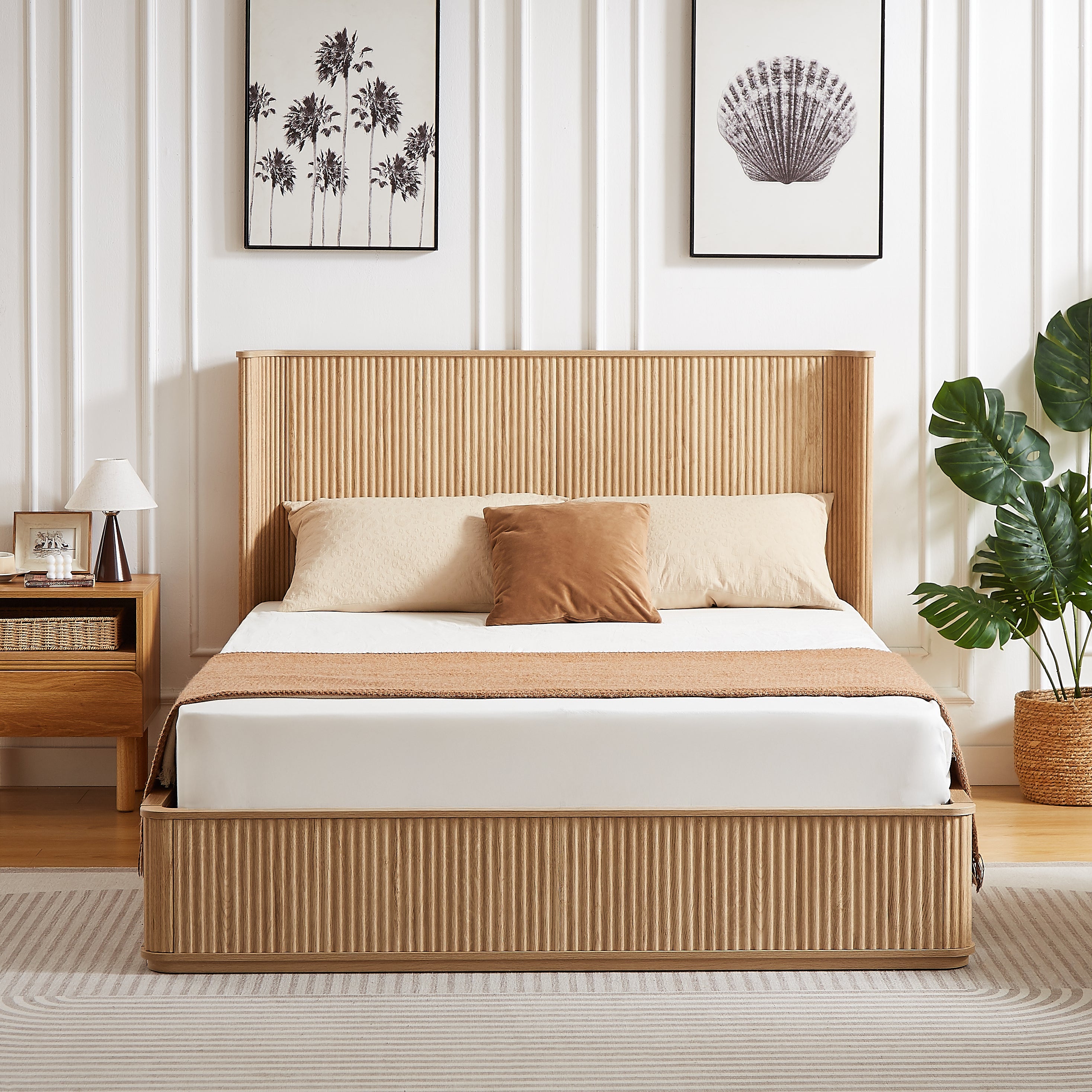 Oak Fluted Platform Bed Frame – Queen Size with Curved Headboard