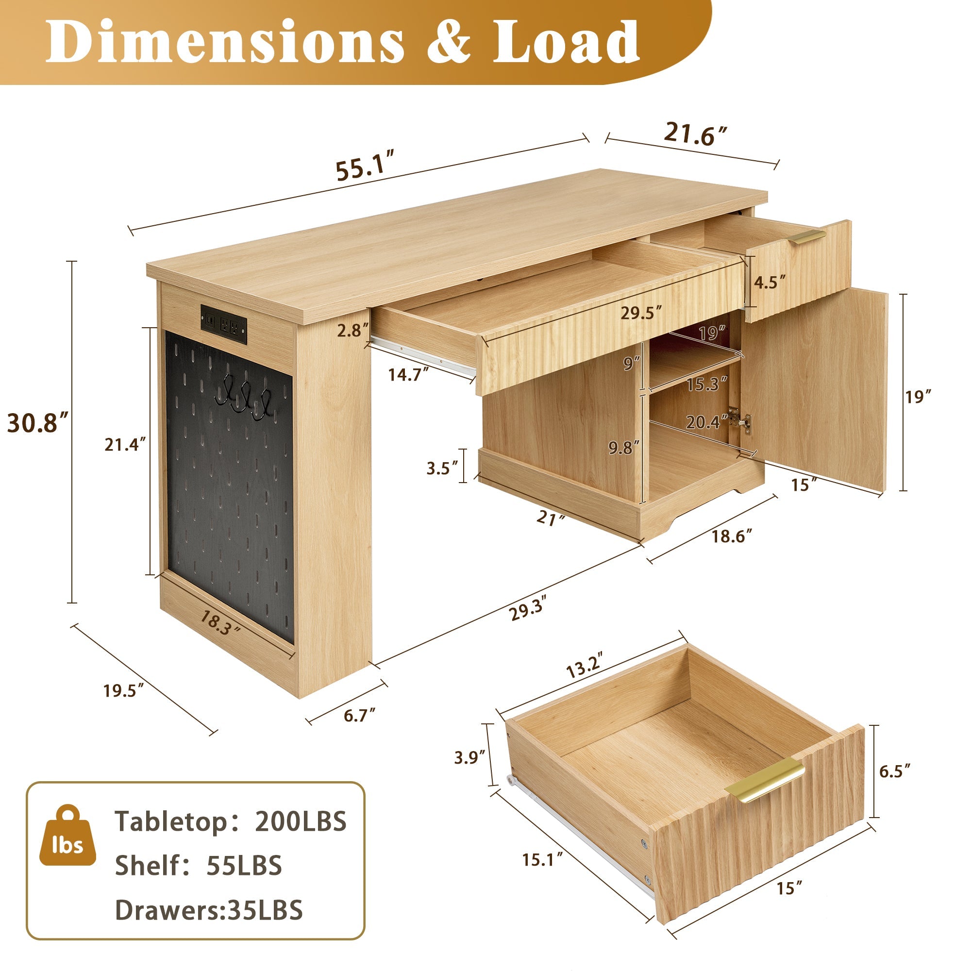 Oakridge Fluted Home Office Desk with Charging Station