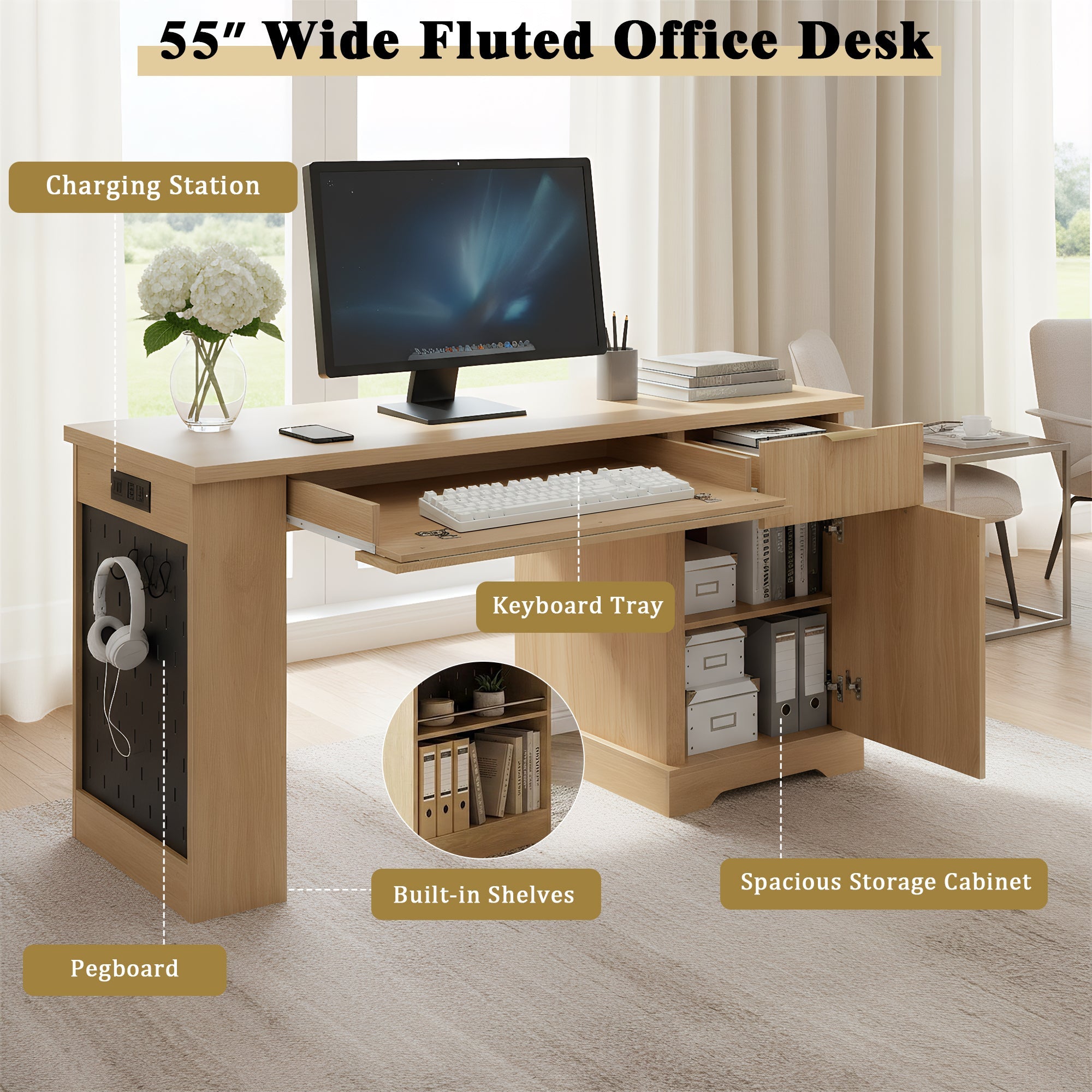Oakridge Fluted Home Office Desk with Charging Station