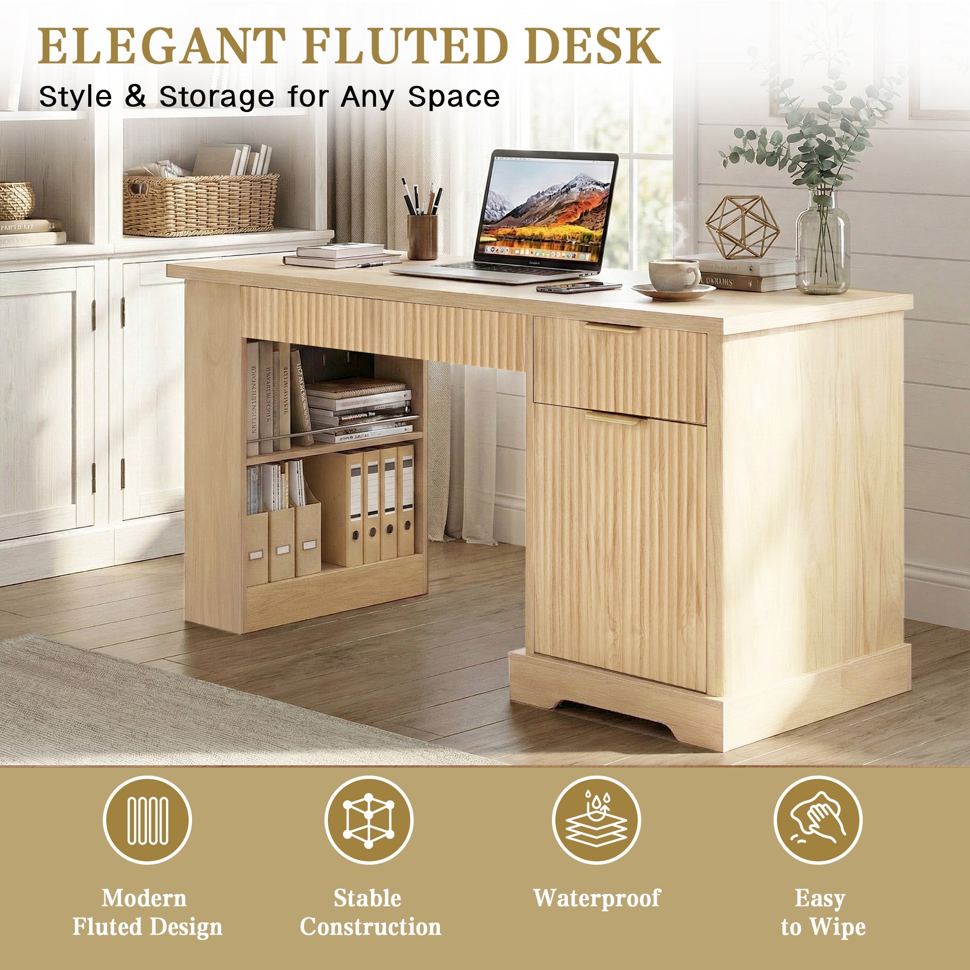 Oakridge Fluted Home Office Desk with Charging Station