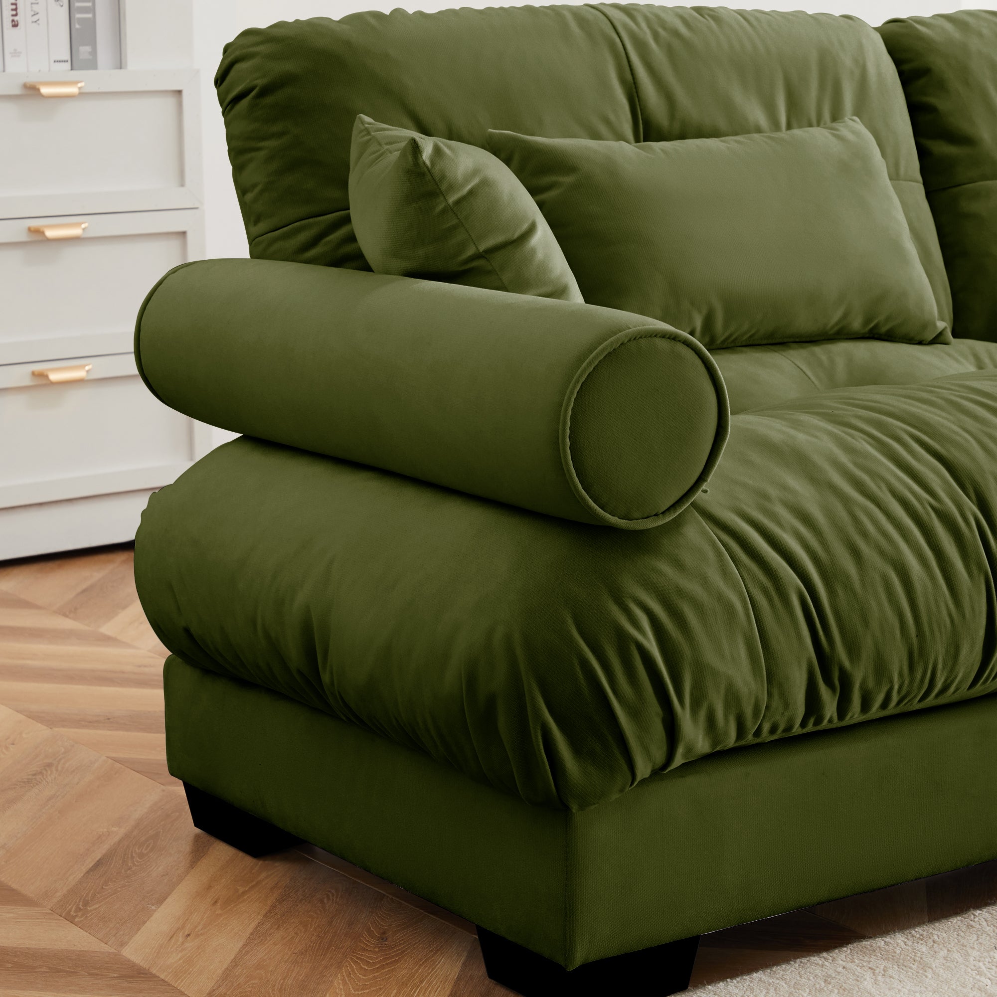 Olive Green Velvet Loveseat Sofa with Cloud Cushions & Bolster Armrests