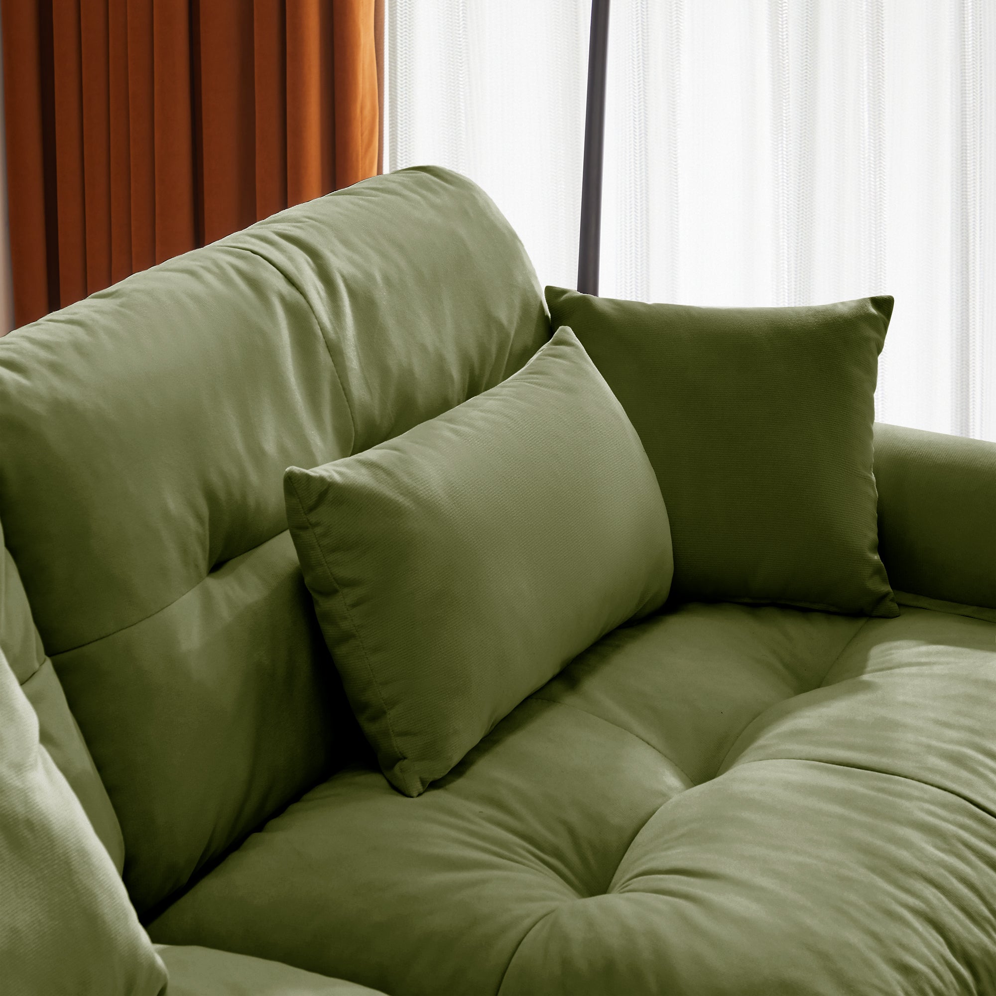 Olive Green Velvet Loveseat Sofa with Cloud Cushions & Bolster Armrests