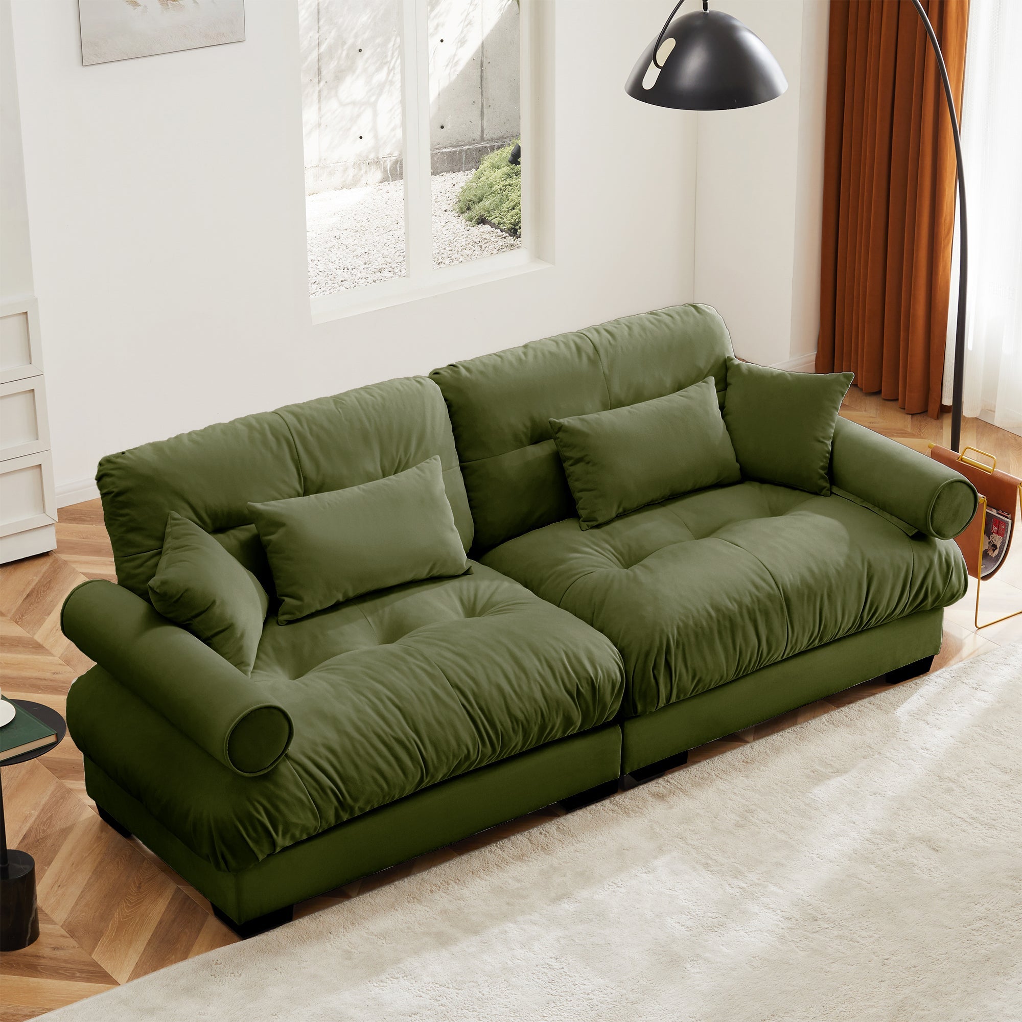 Olive Green Velvet Loveseat Sofa with Cloud Cushions & Bolster Armrests