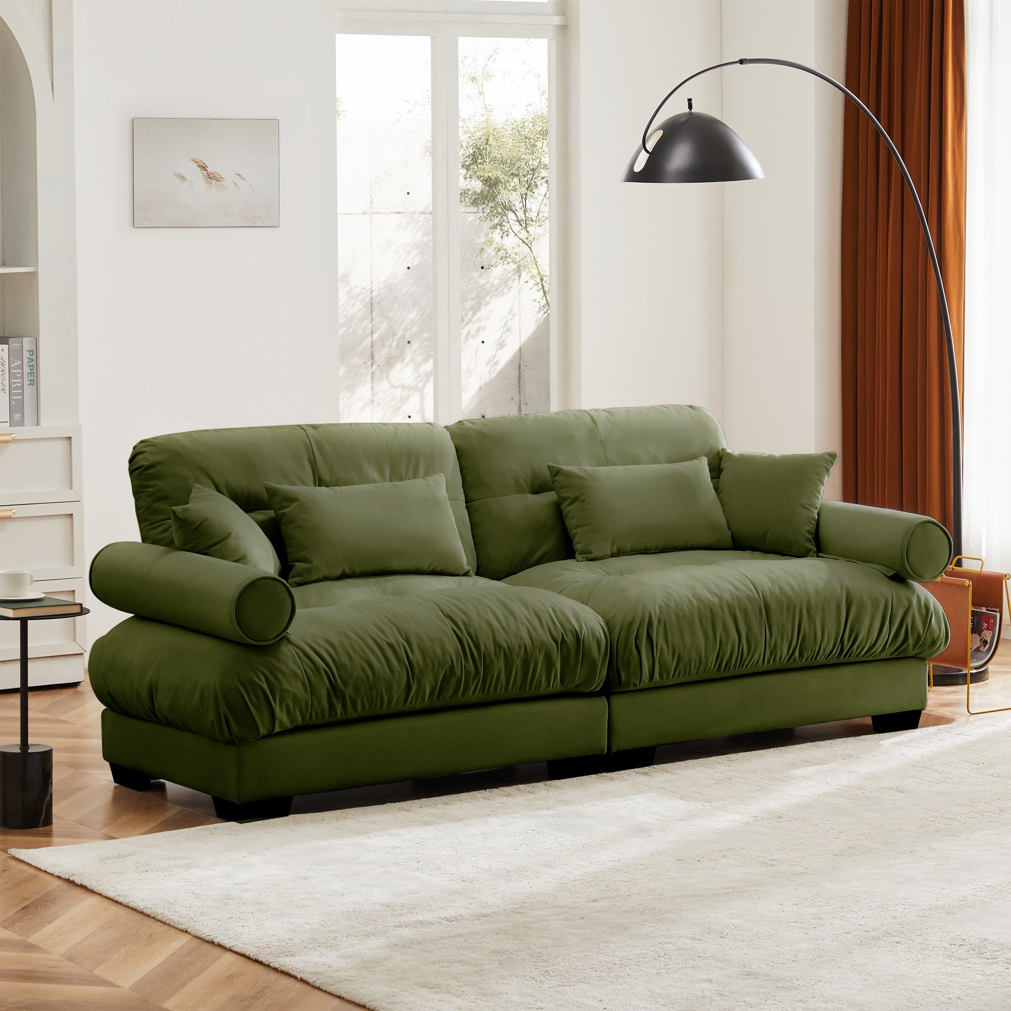 Olive Green Velvet Loveseat Sofa with Cloud Cushions & Bolster Armrests