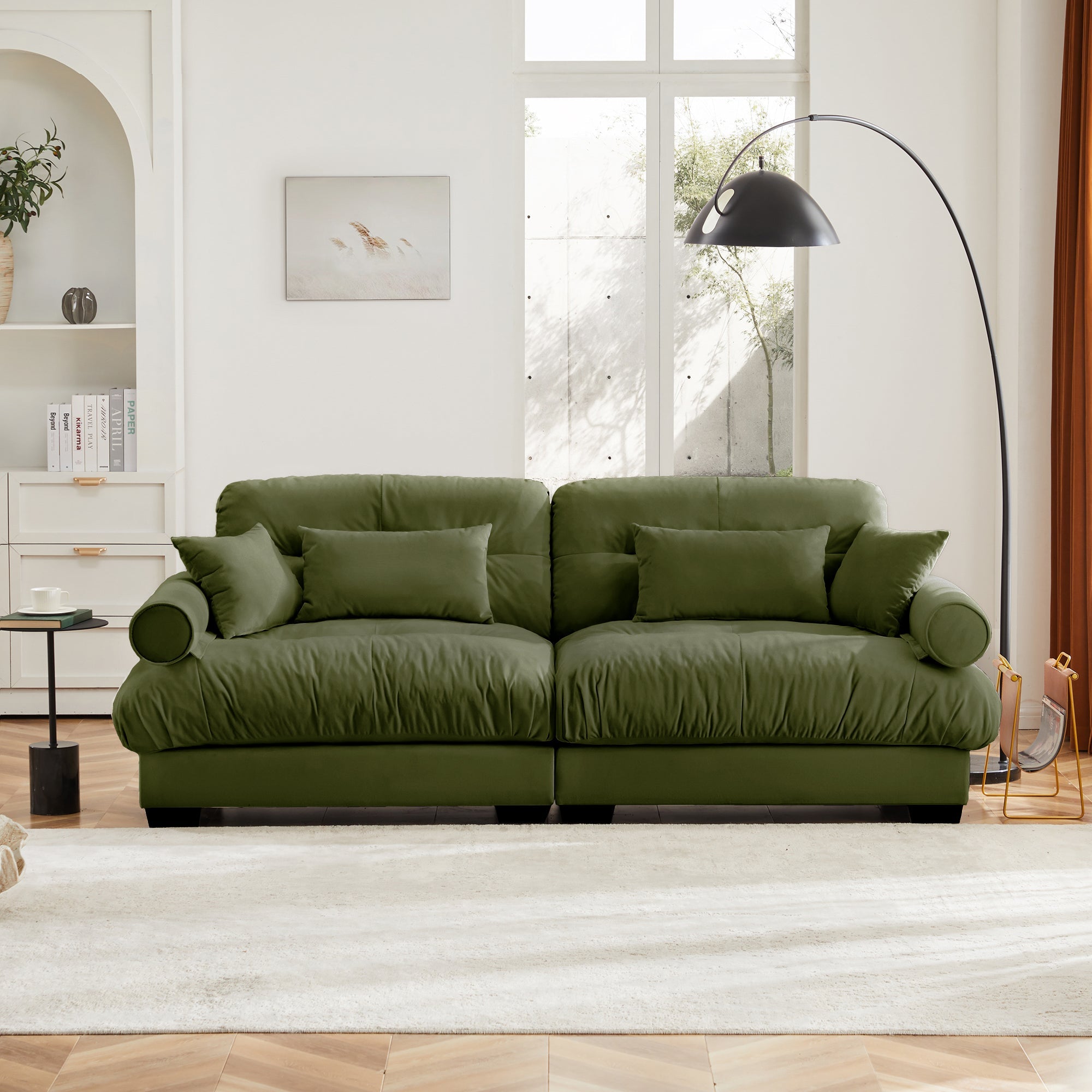 Olive Green Velvet Loveseat Sofa with Cloud Cushions & Bolster Armrests