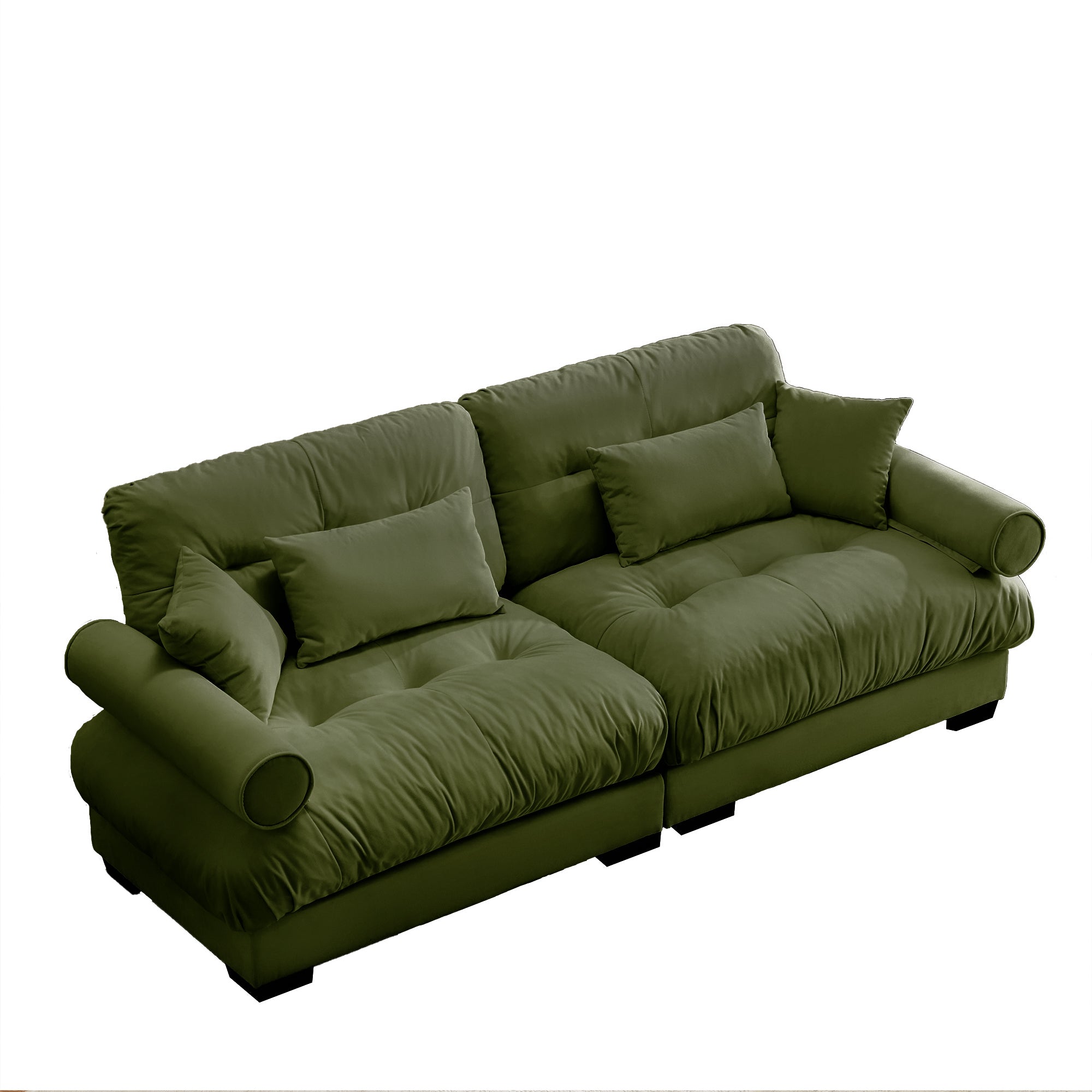 Olive Green Velvet Loveseat Sofa with Cloud Cushions & Bolster Armrests