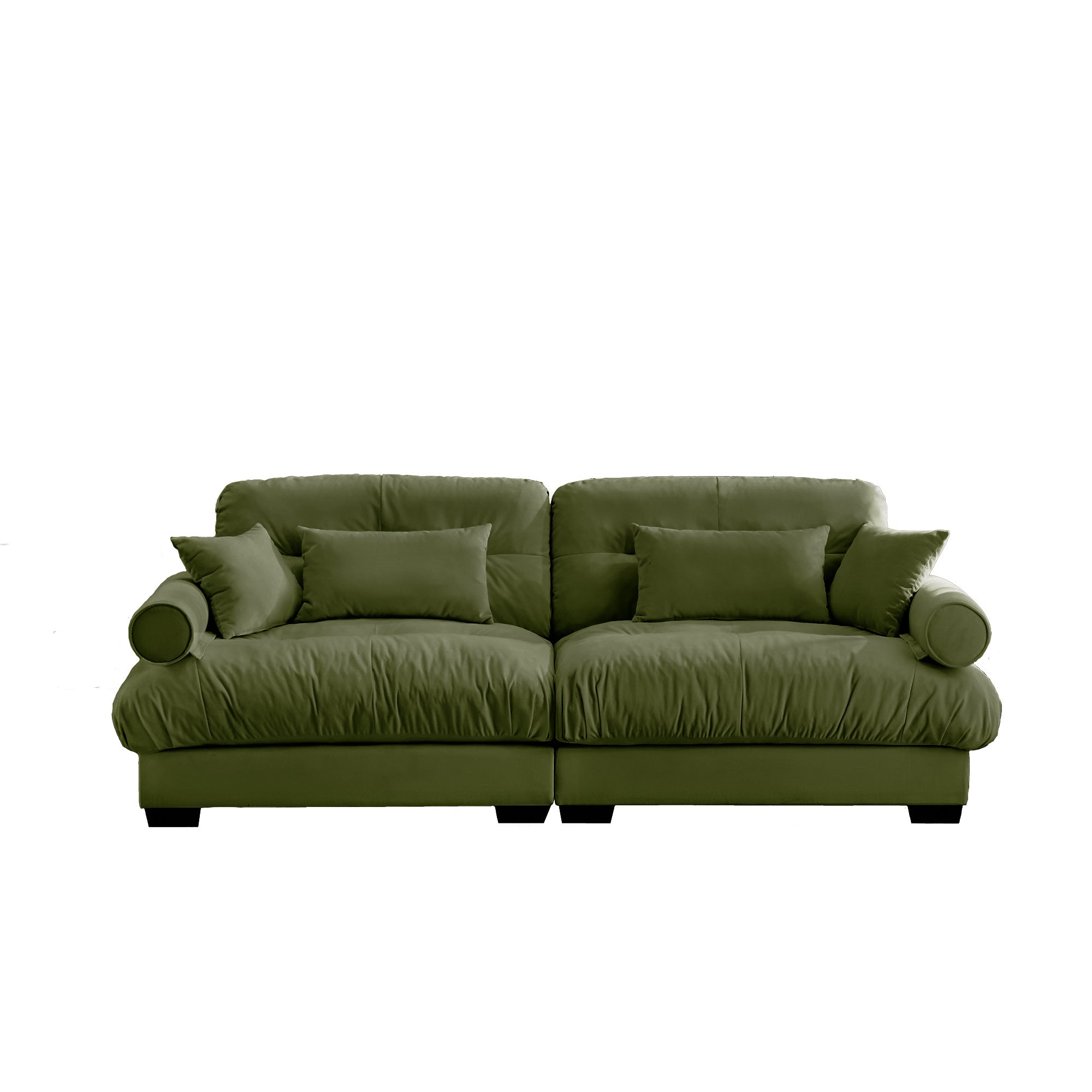 Olive Green Velvet Loveseat Sofa with Cloud Cushions & Bolster Armrests