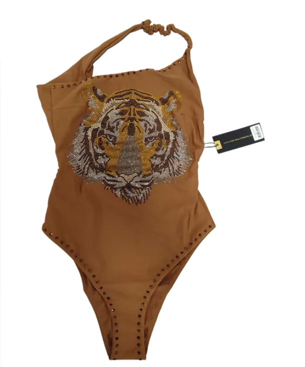 One piece asymmetrical neck strap lion rhinestone swimwear CASW22010