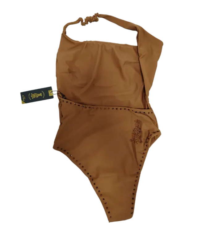 One piece asymmetrical neck strap lion rhinestone swimwear CASW22010
