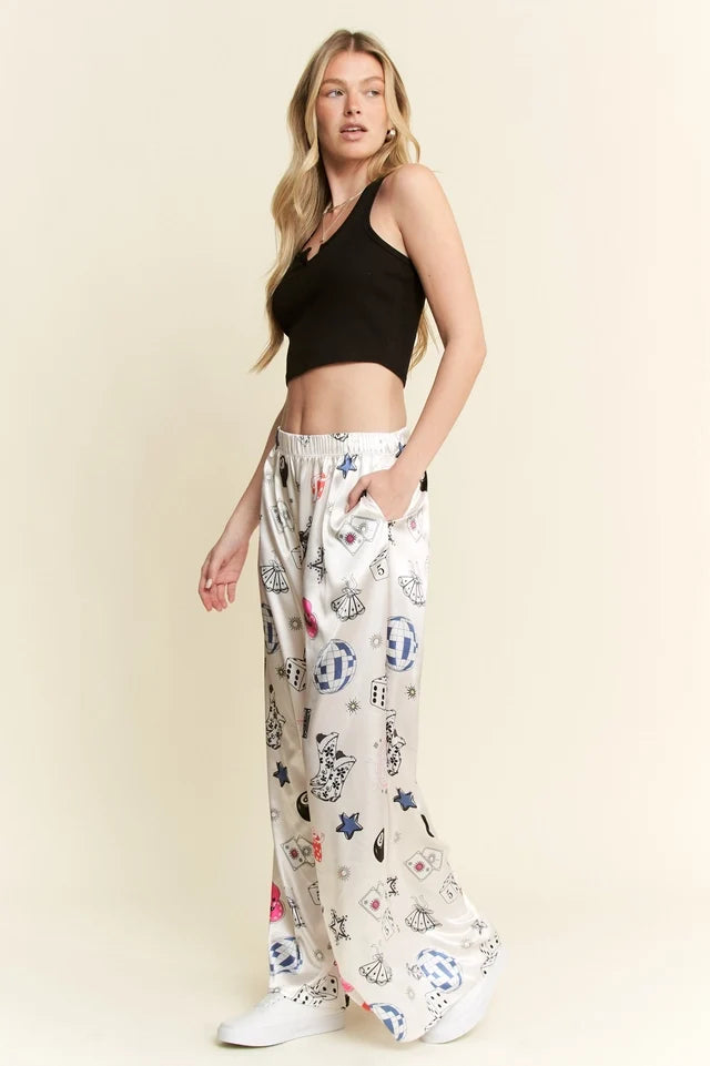 Party Collage Satin Pants Cream
