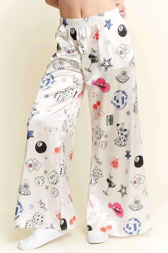Party Collage Satin Pants Cream