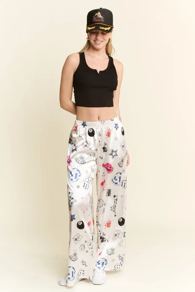 Party Collage Satin Pants Cream