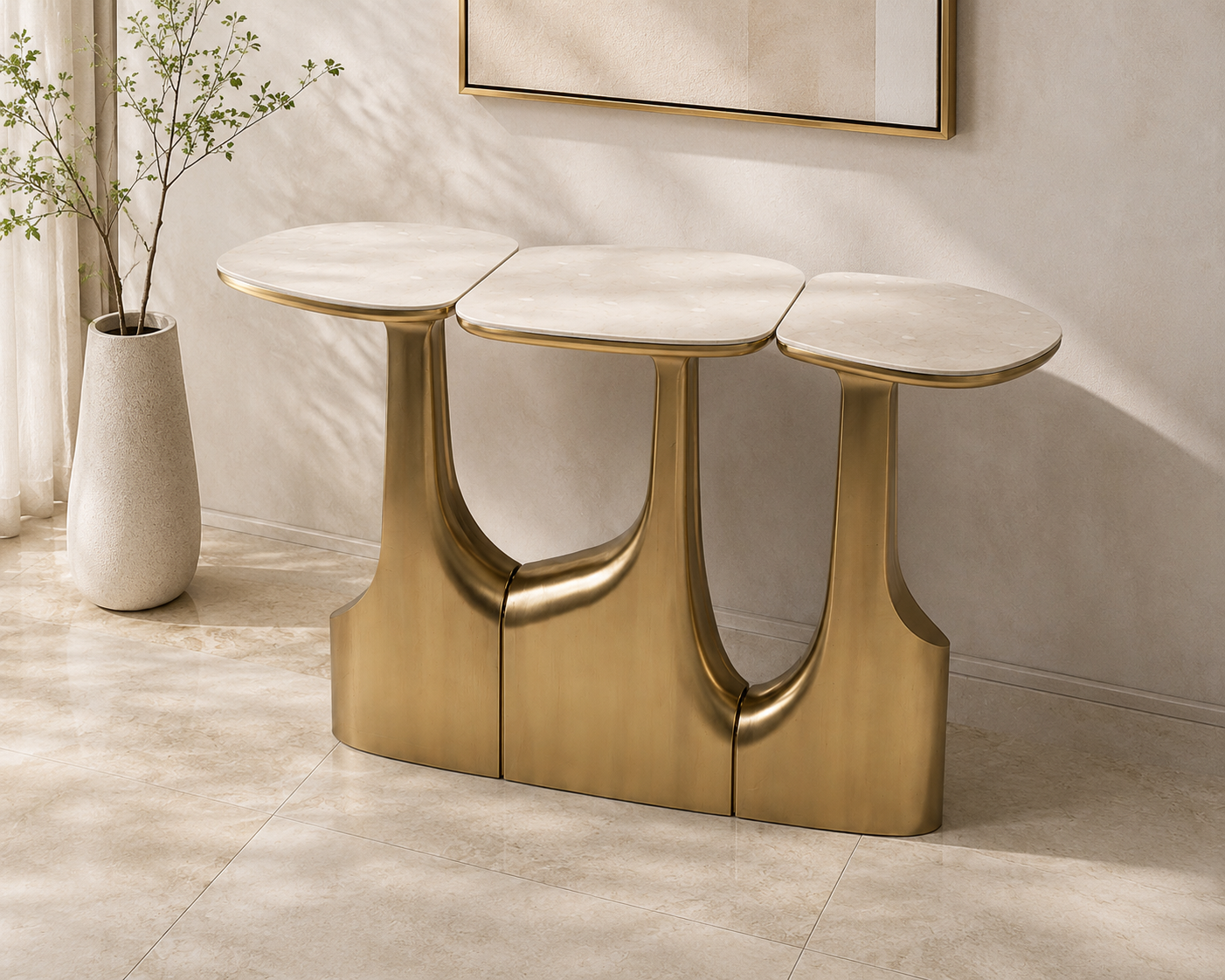 Pebble Trio Marble & Brass Console Table