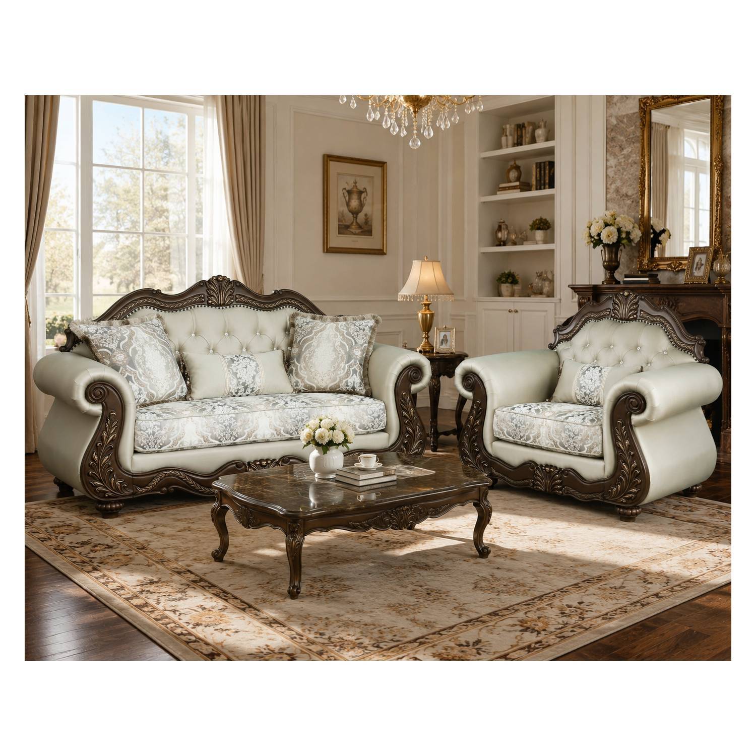 Pierce Luxury Heritage Seating Set – Carved Wood Loveseat & Accent Chair