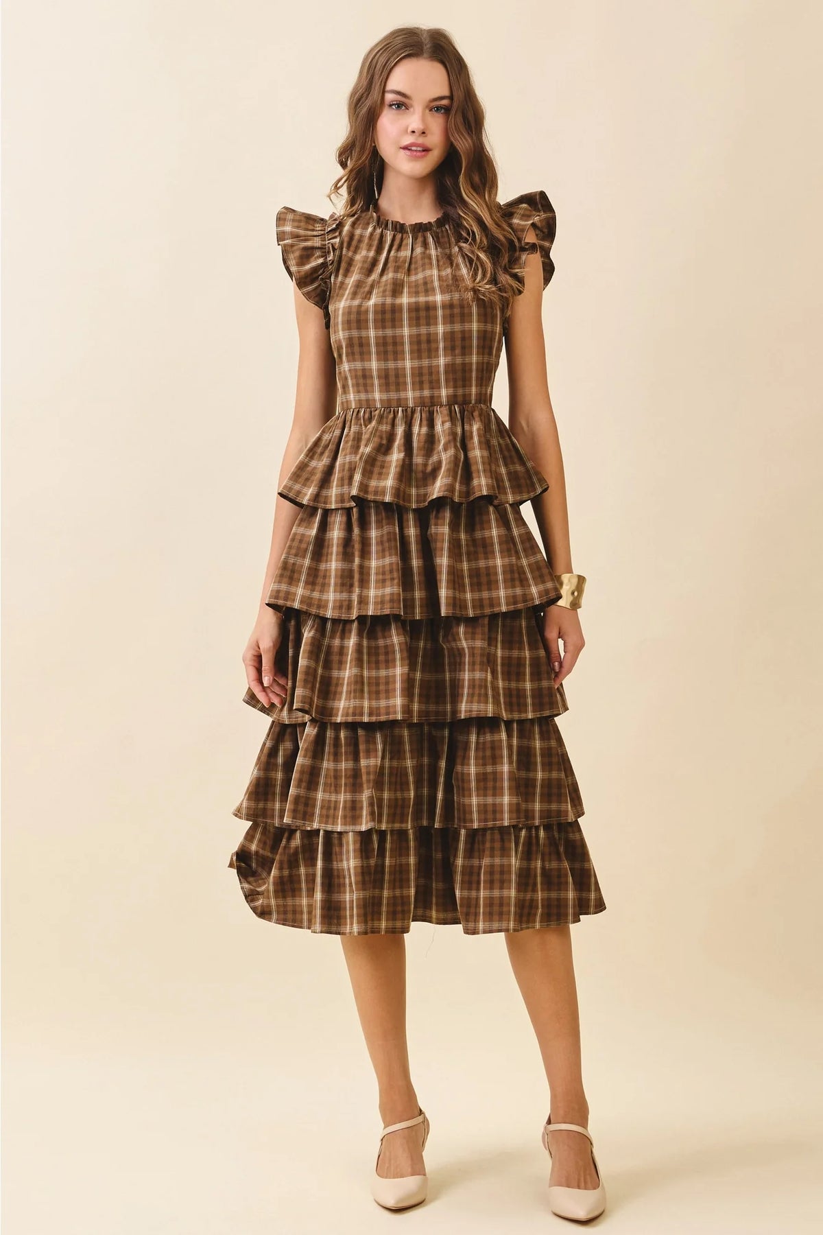 Plaid Ruffled Cap Sleeve Midi Dress with Round Neck