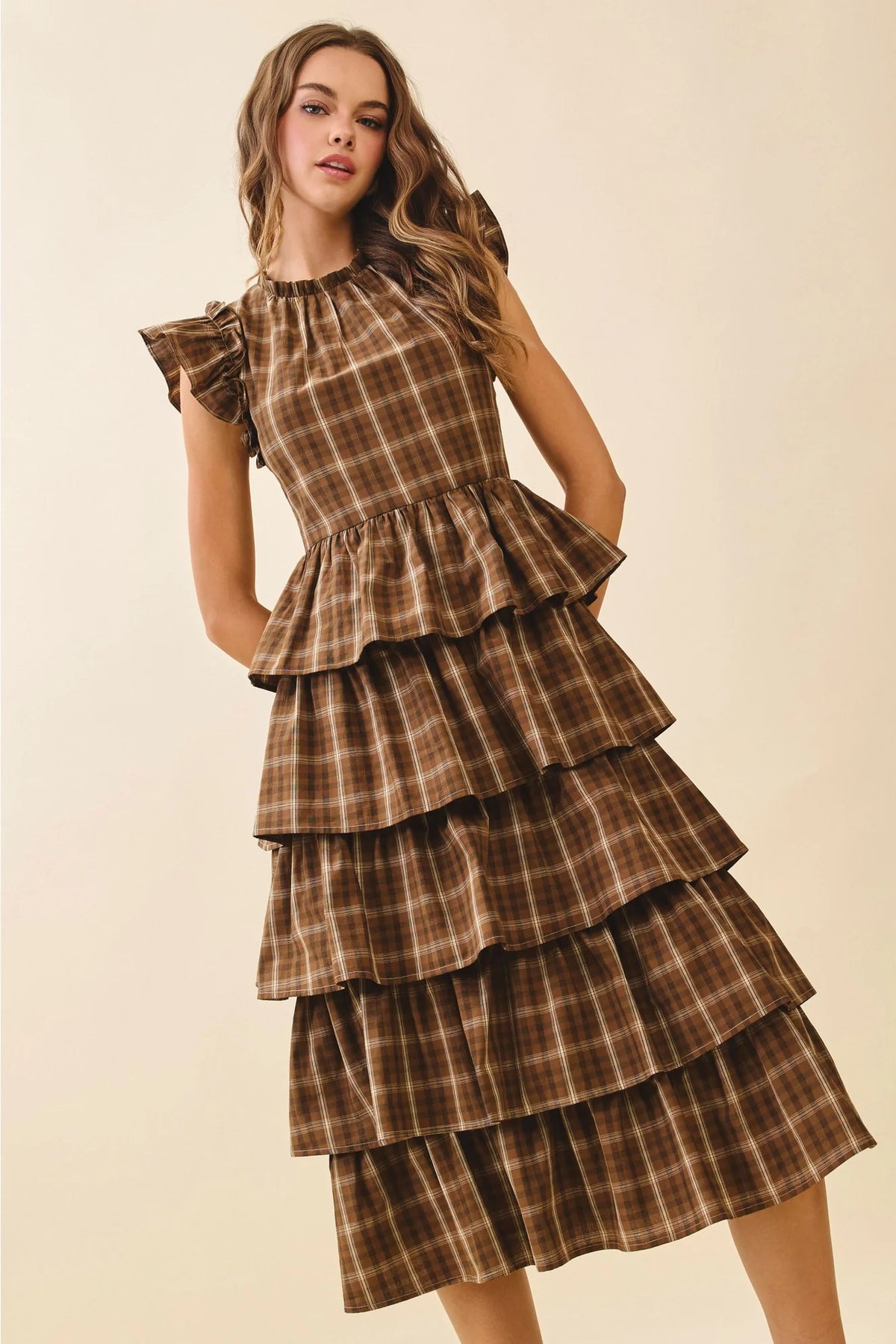 Plaid Ruffled Cap Sleeve Midi Dress with Round Neck