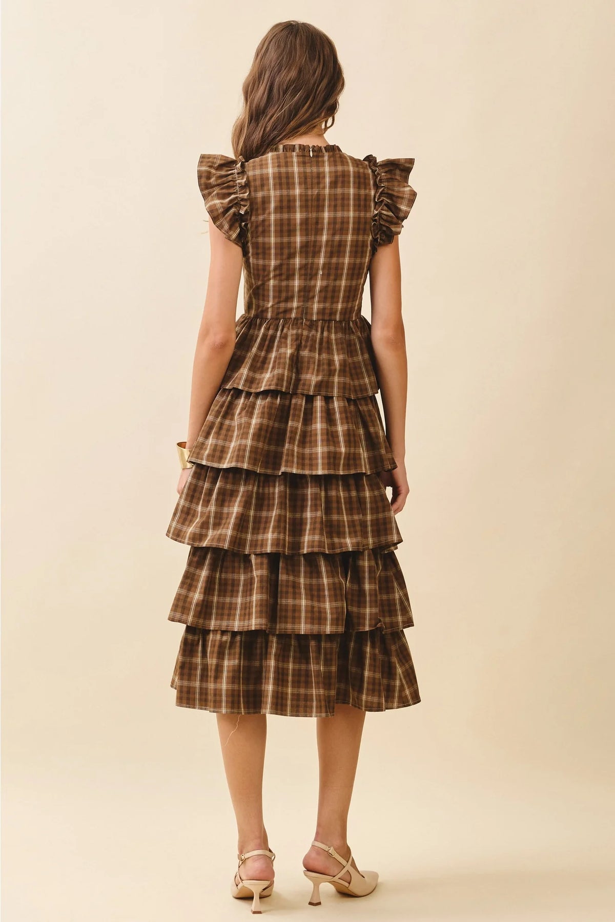 Plaid Ruffled Cap Sleeve Midi Dress with Round Neck