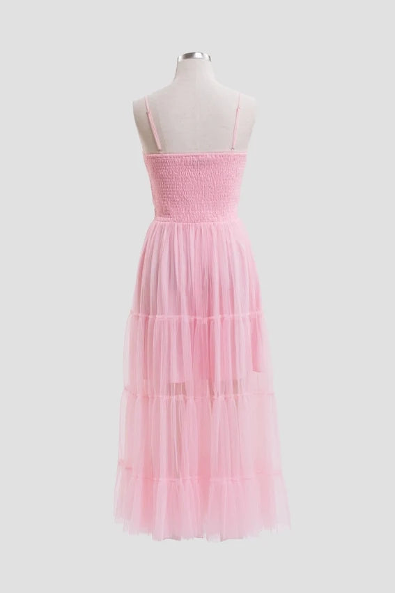Pleated Tulle Semi-Sheer Tiered Dress PINK