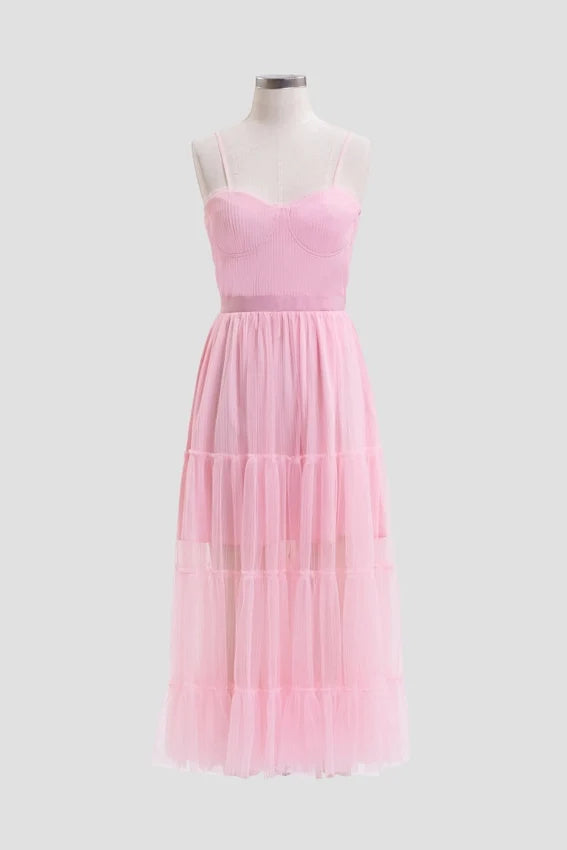 Pleated Tulle Semi-Sheer Tiered Dress PINK