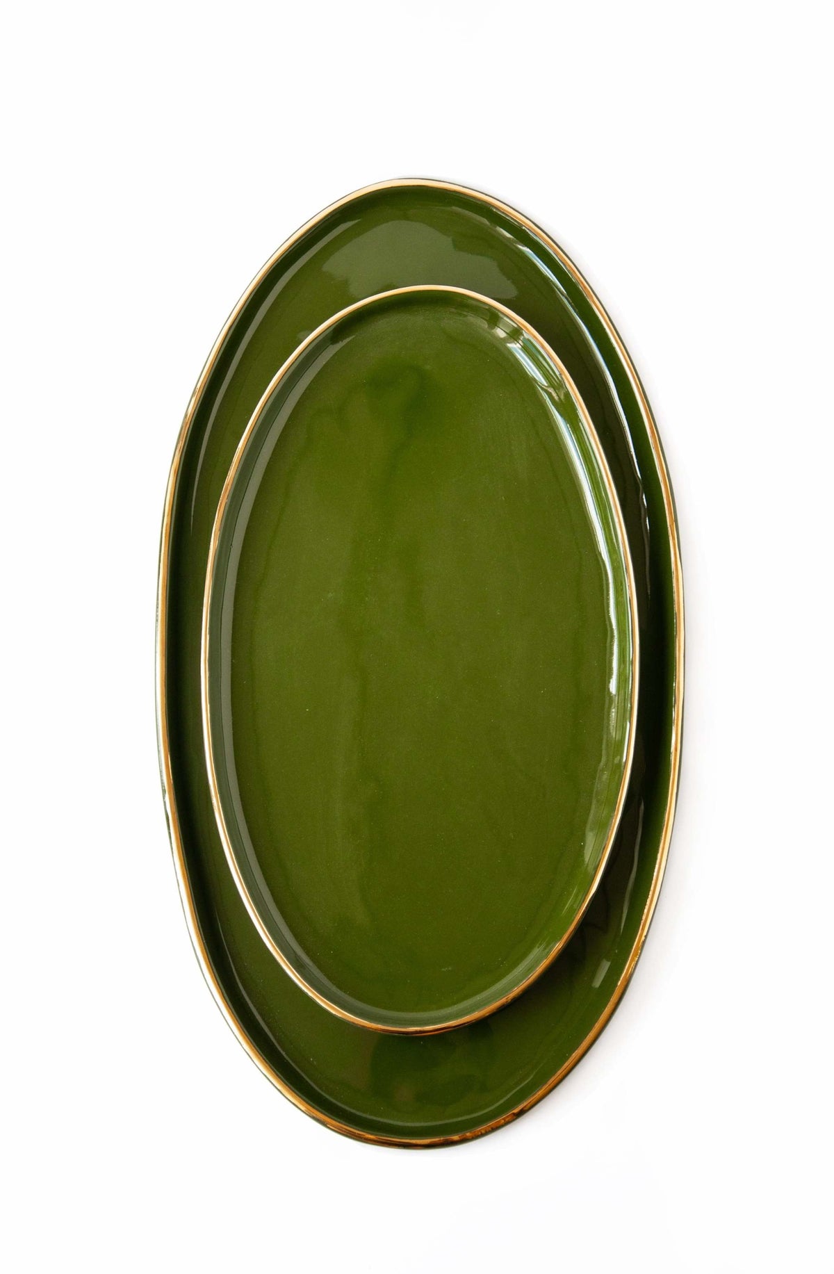 Porcelain Oval Serving Platter with Gold Rim. Green