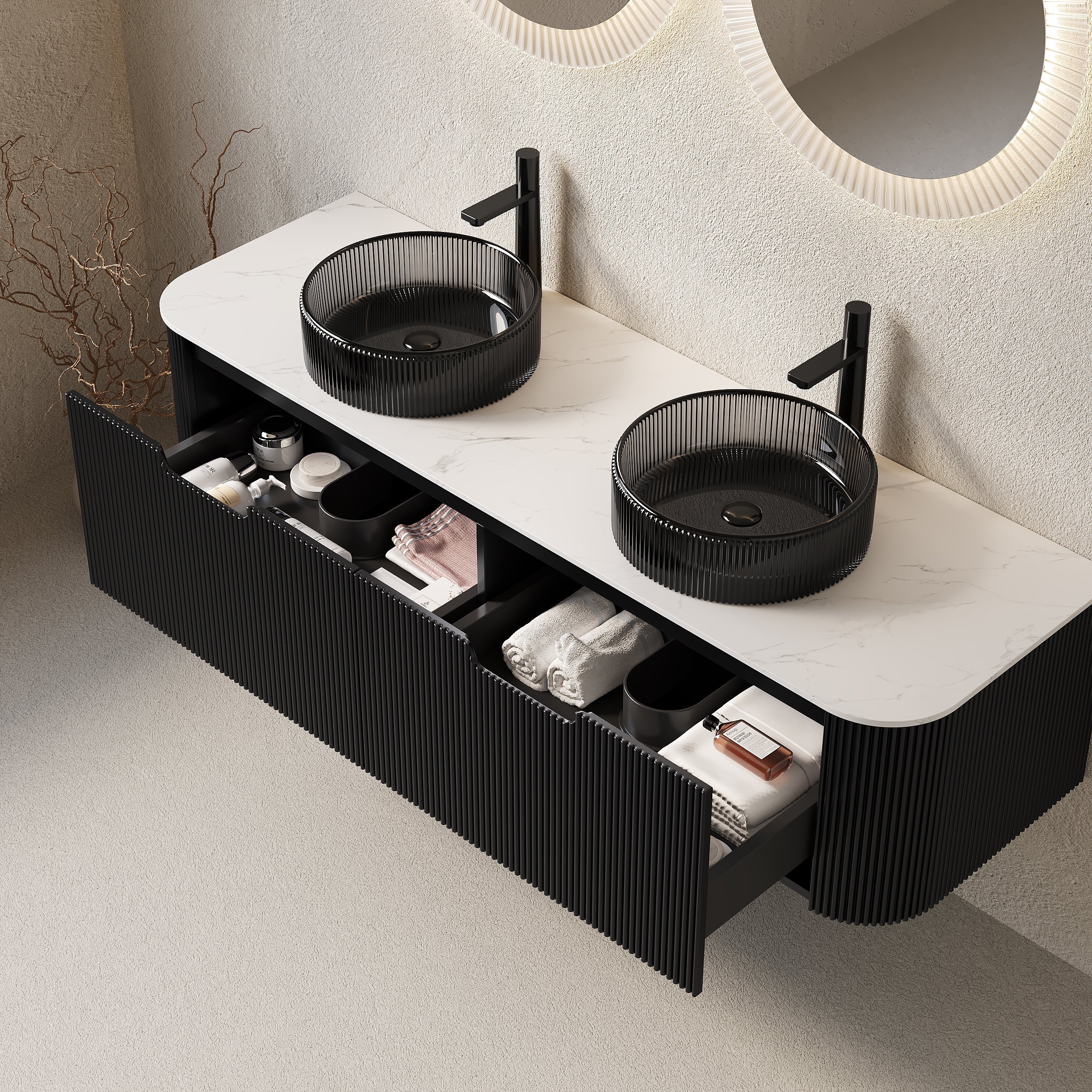 Premium Black Bathroom Vanity with Striped Front Design & Double Sinks