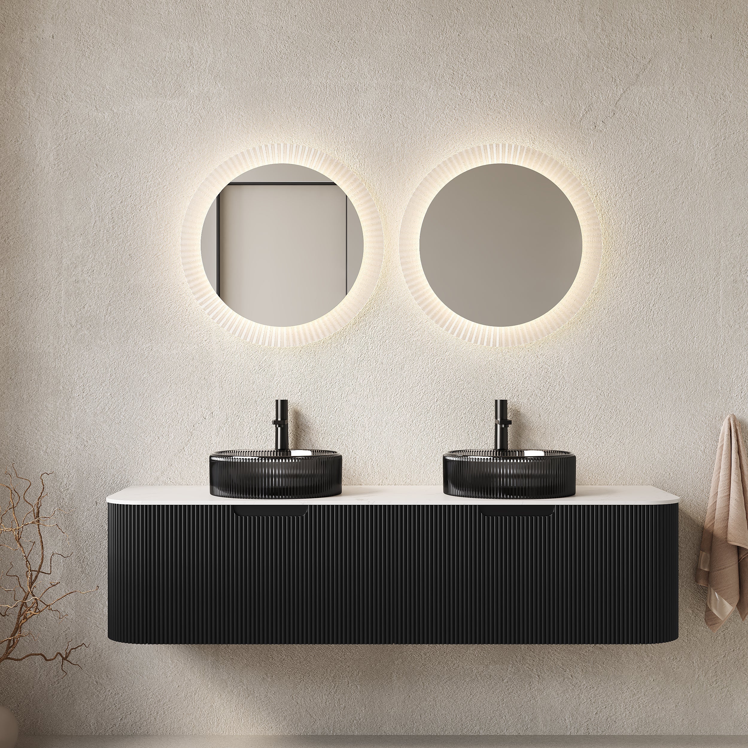 Premium Black Bathroom Vanity with Striped Front Design & Double Sinks