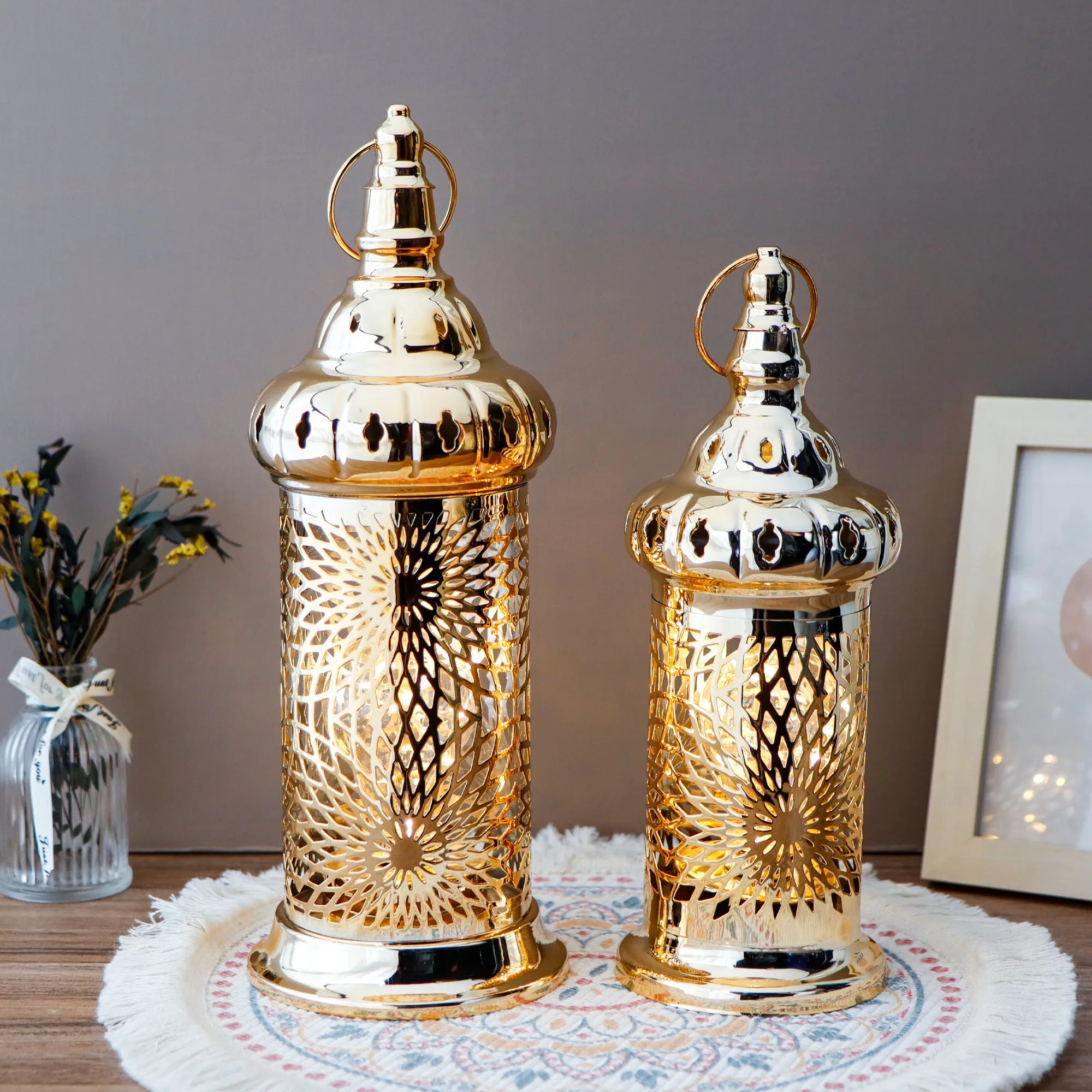 Ramadan Lanterns Set of 2 Gold Electric Candle Holders