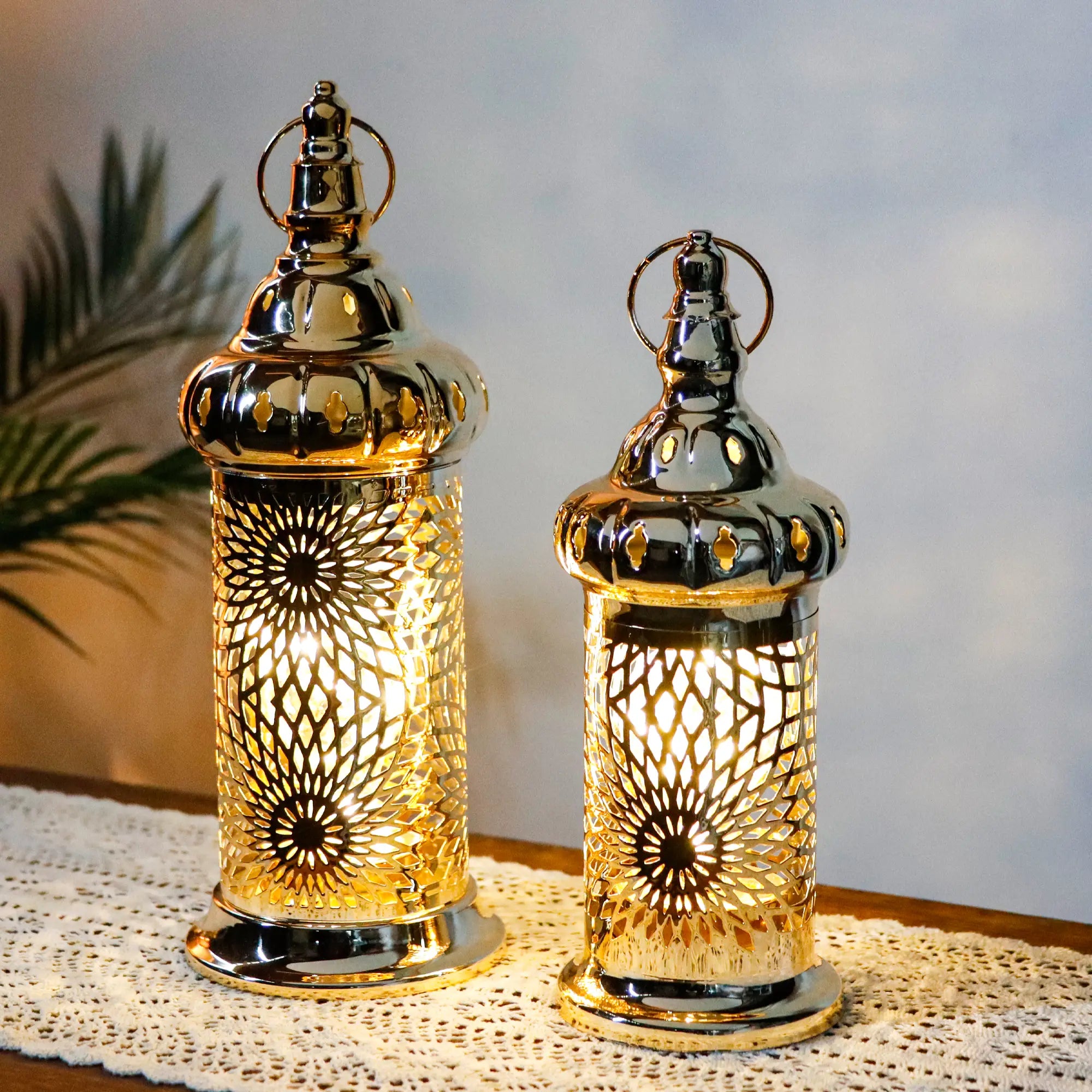 Ramadan Lanterns Set of 2 Gold Electric Candle Holders