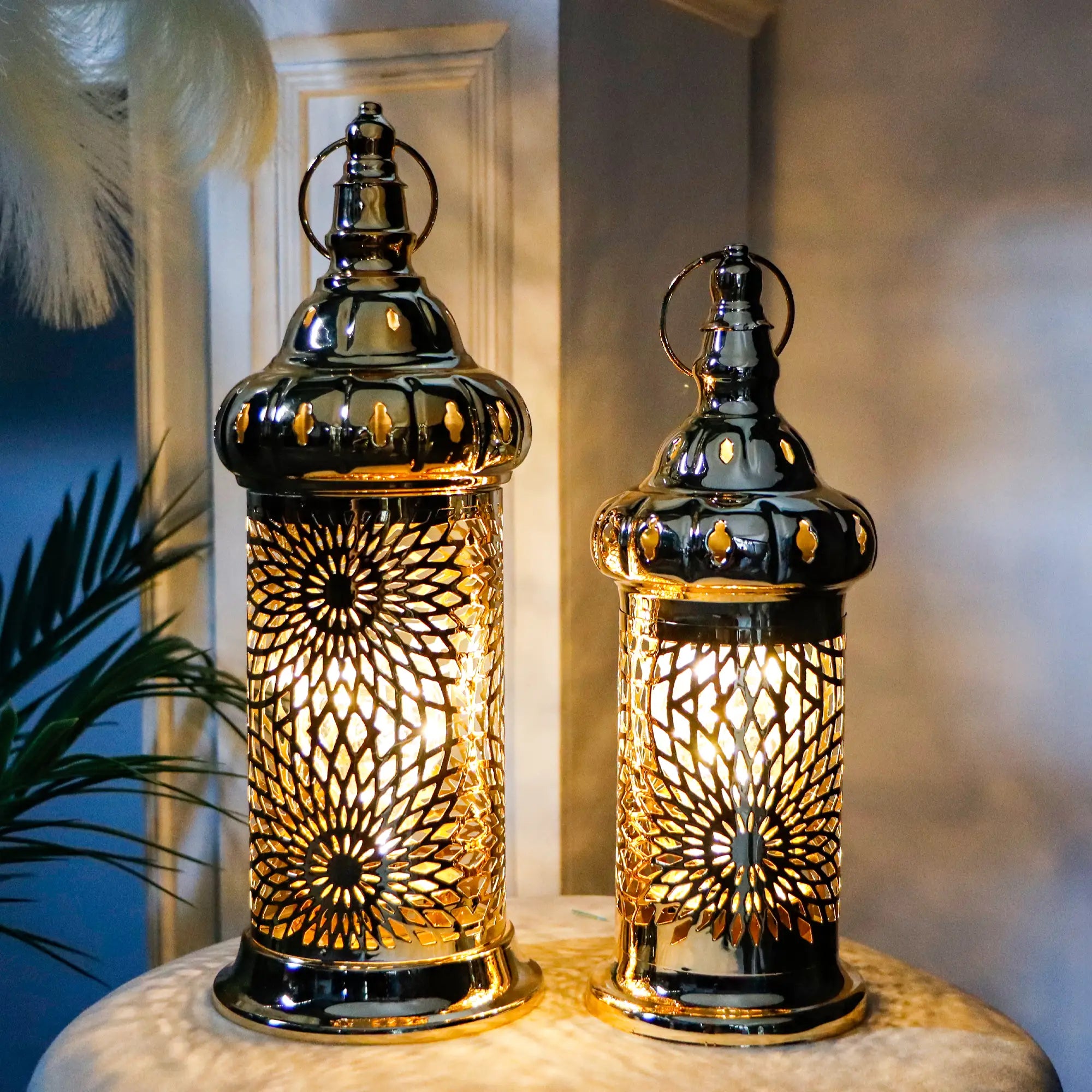 Ramadan Lanterns Set of 2 Gold Electric Candle Holders