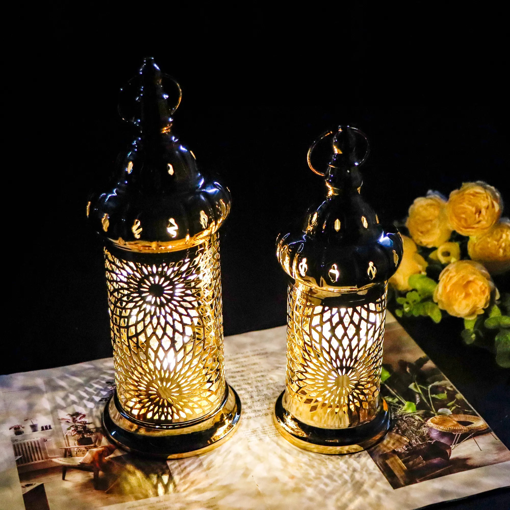 Ramadan Lanterns Set of 2 Gold Electric Candle Holders