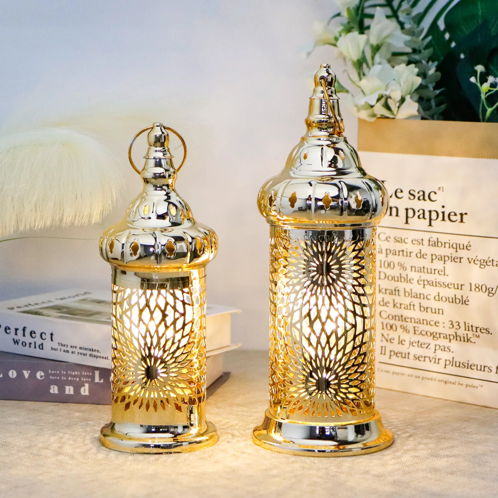 Ramadan Lanterns Set of 2 Gold Electric Candle Holders